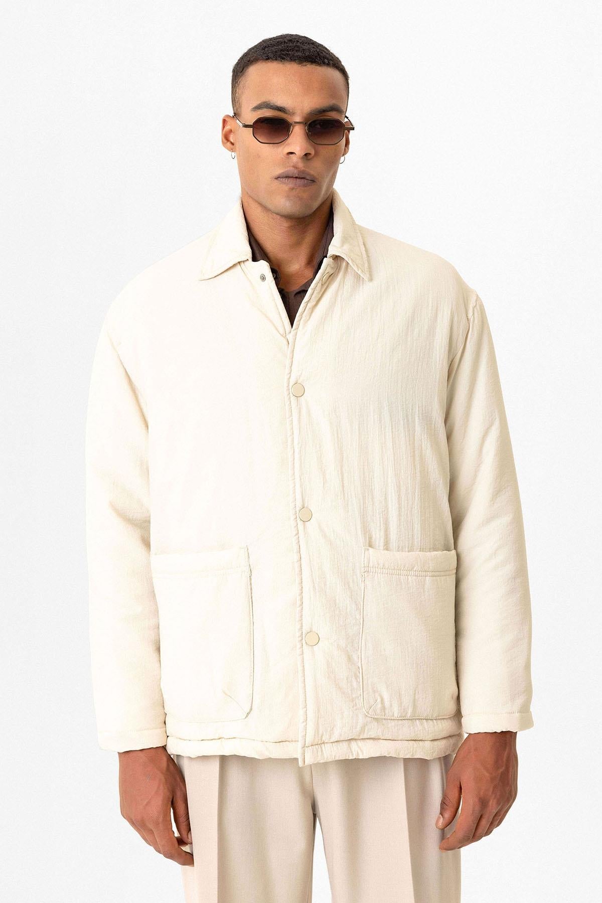 Beige Lightly Padded Men's Jacket with Cargo Pockets