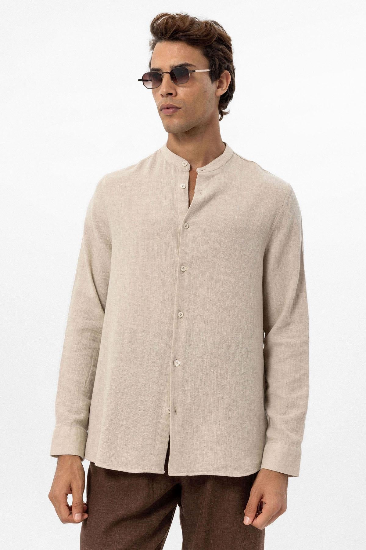 Men's Beige Mandarin Collar Woven Shirt