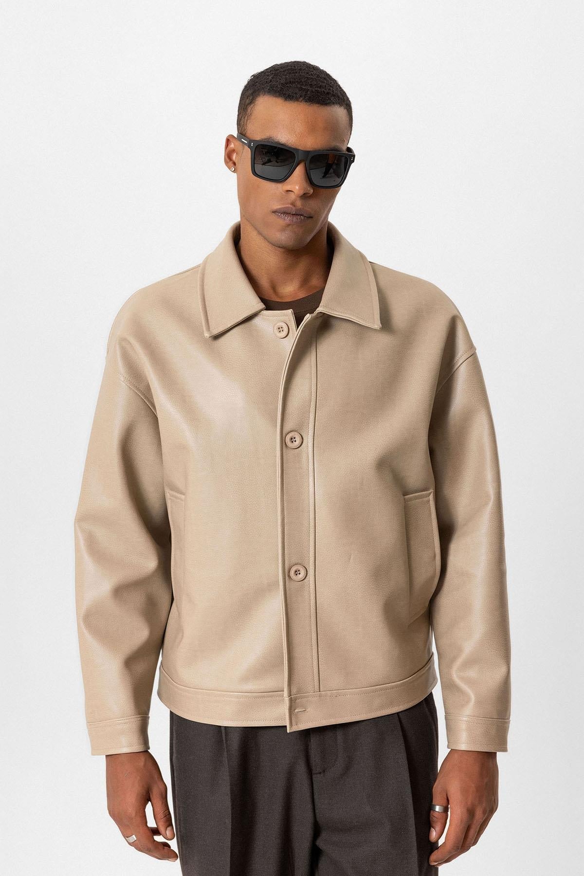 Beige Oversize Faux Leather Men's Jacket