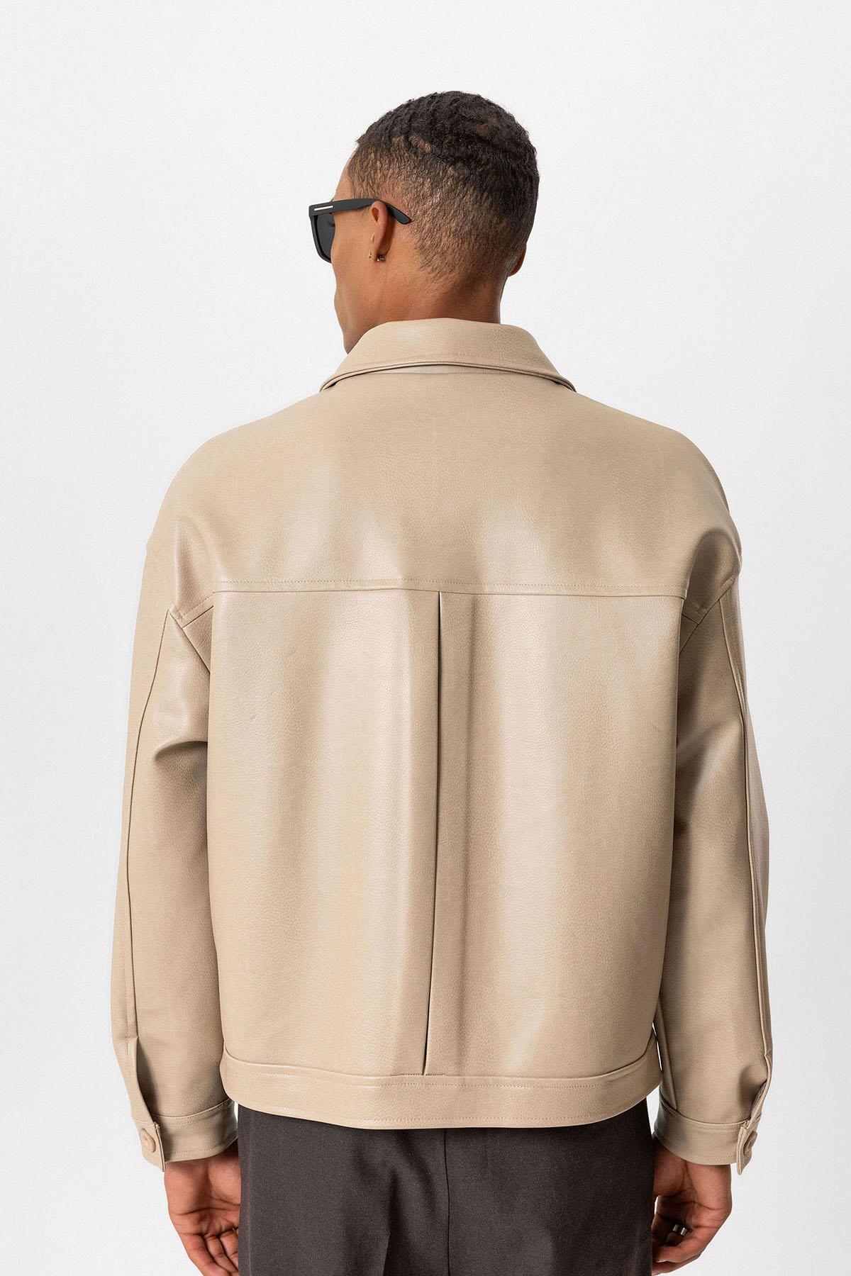 Beige Oversize Faux Leather Men's Jacket
