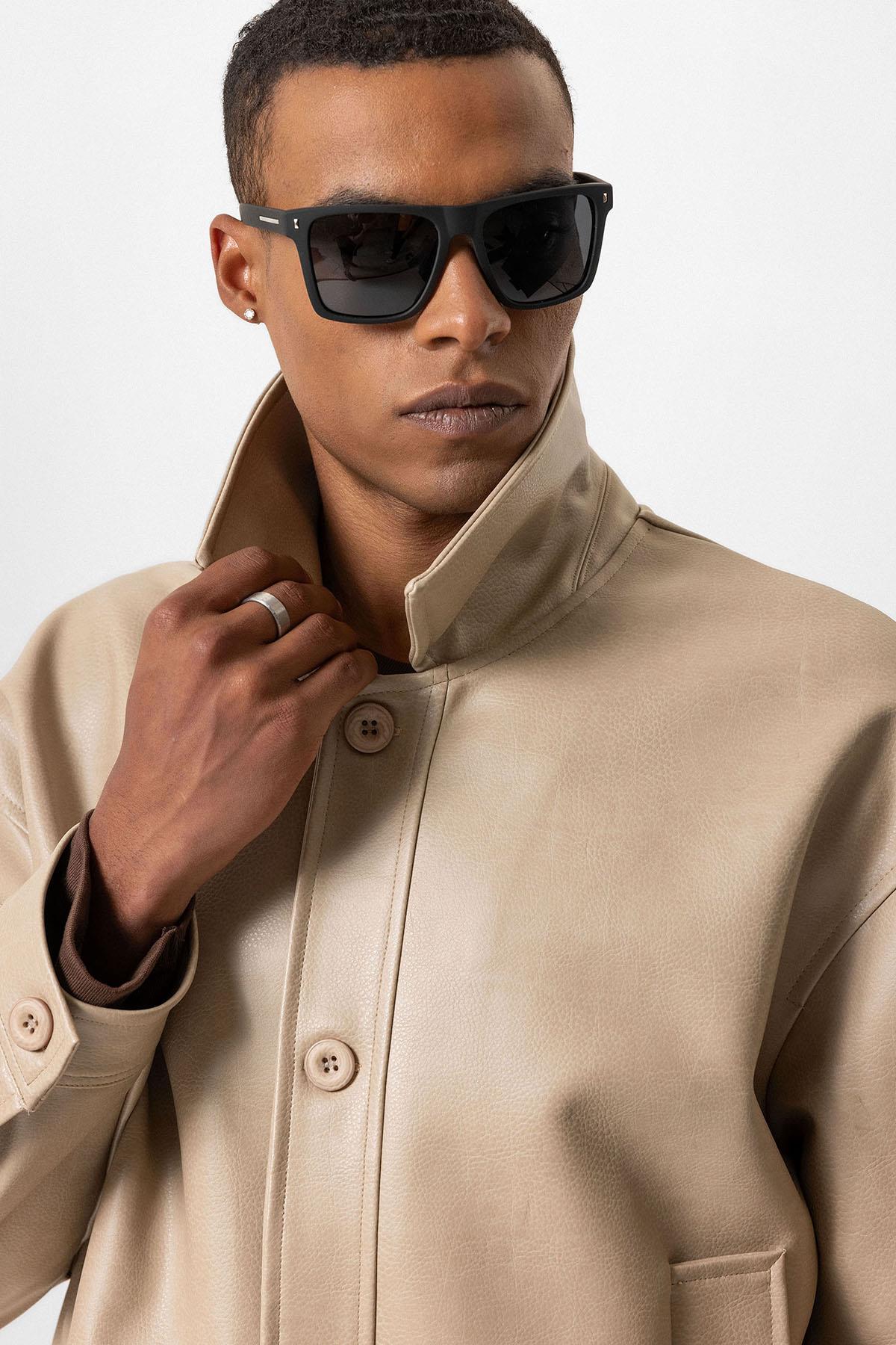 Beige Oversize Faux Leather Men's Jacket
