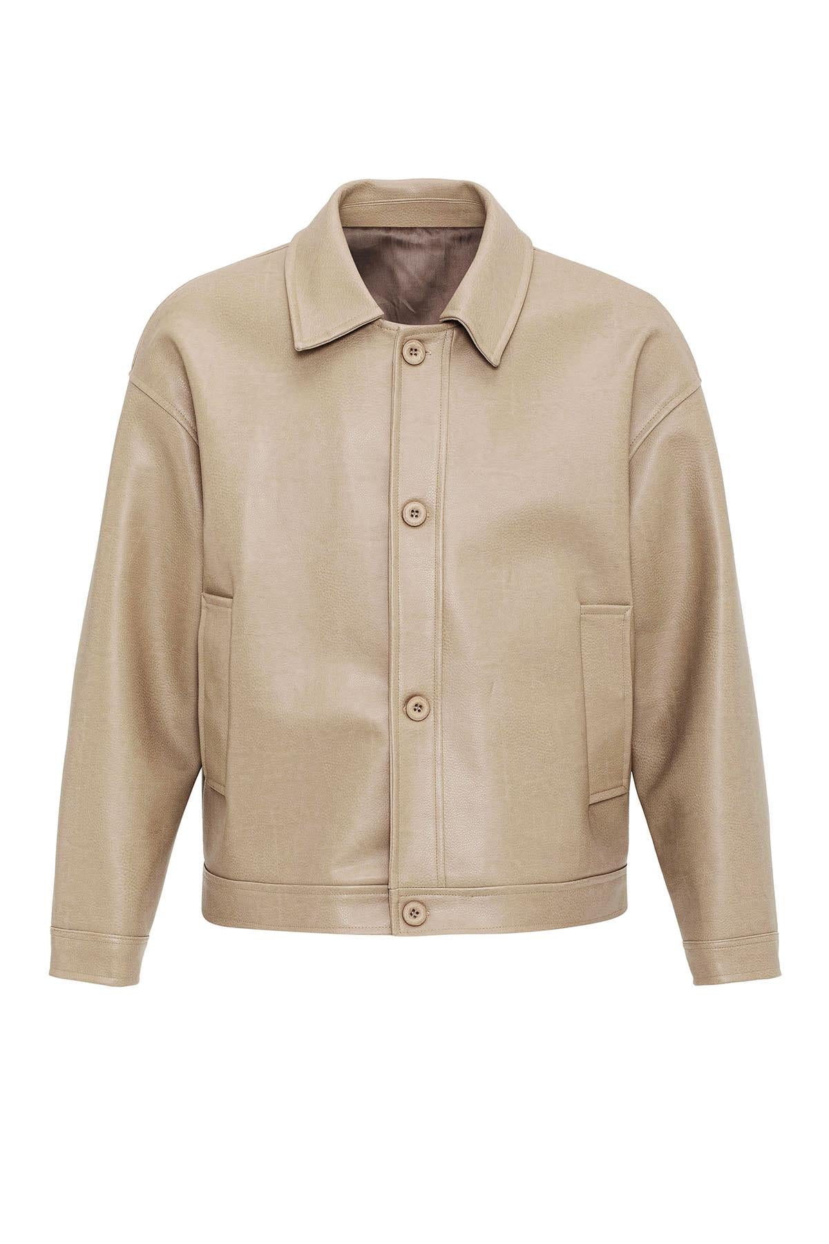 Beige Oversize Faux Leather Men's Jacket