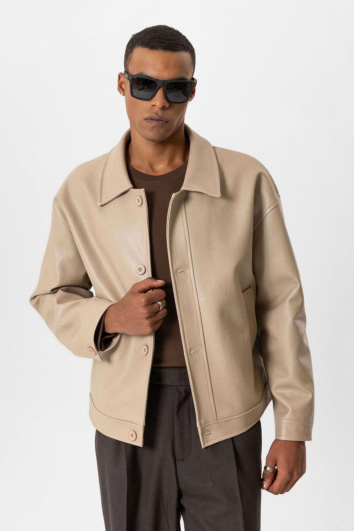 Beige Oversize Faux Leather Men's Jacket