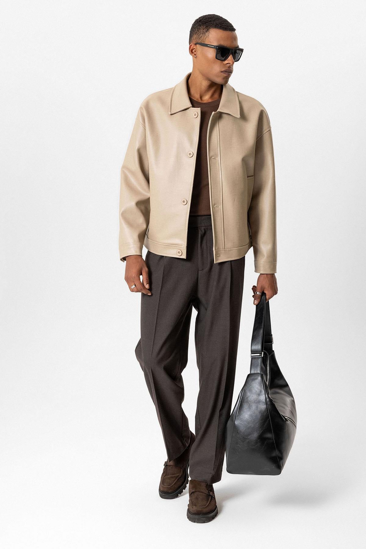 Beige Oversize Faux Leather Men's Jacket