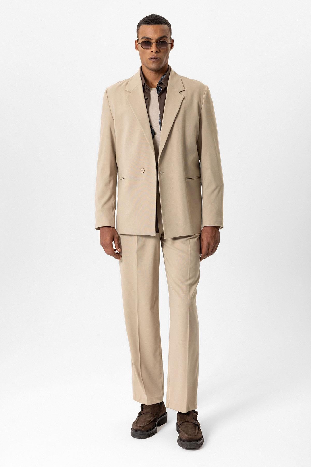 KOALA SYDNEY Beige Single-Button Relaxed Men's Blazer Jacket