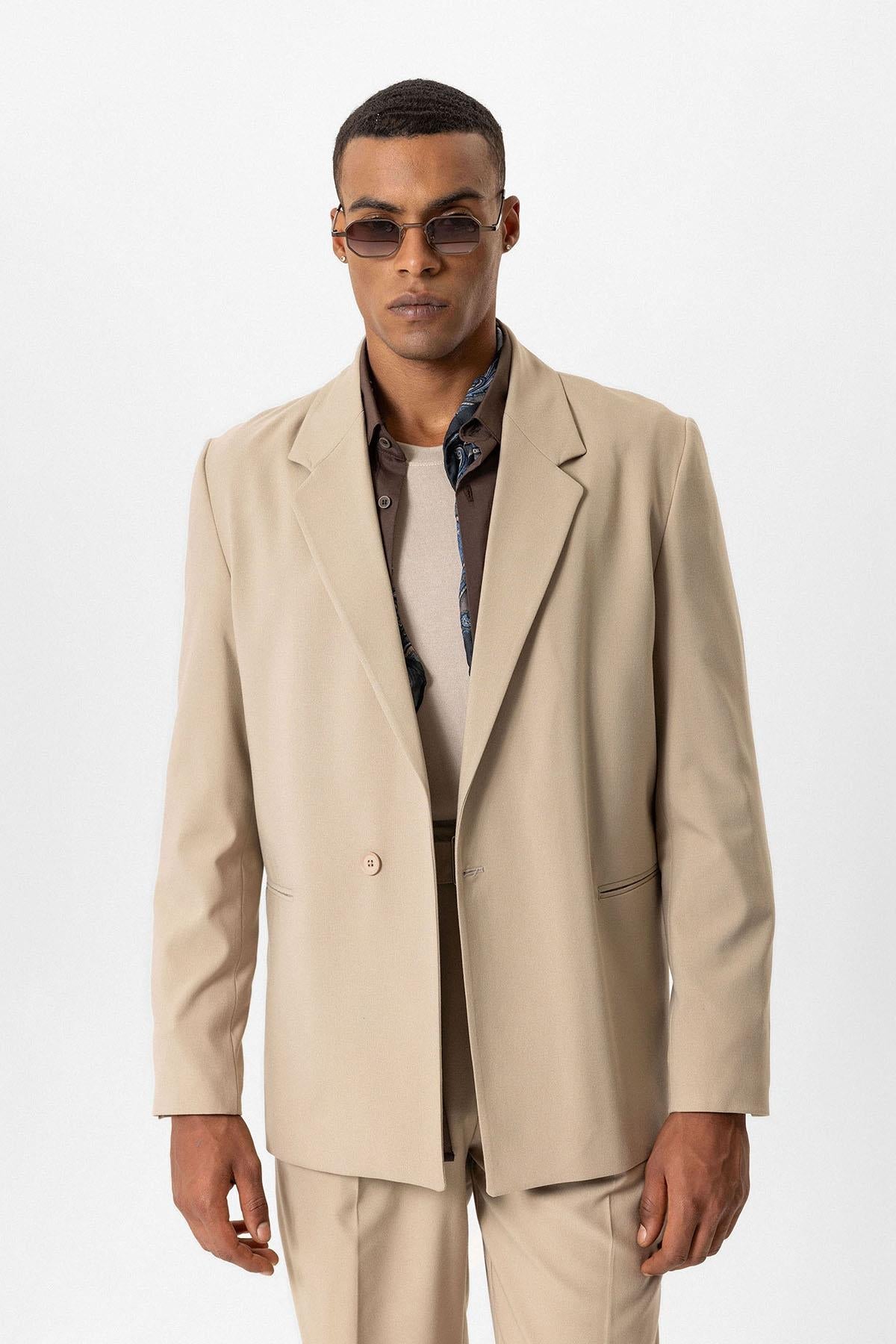KOALA SYDNEY Beige Single-Button Relaxed Men's Blazer Jacket