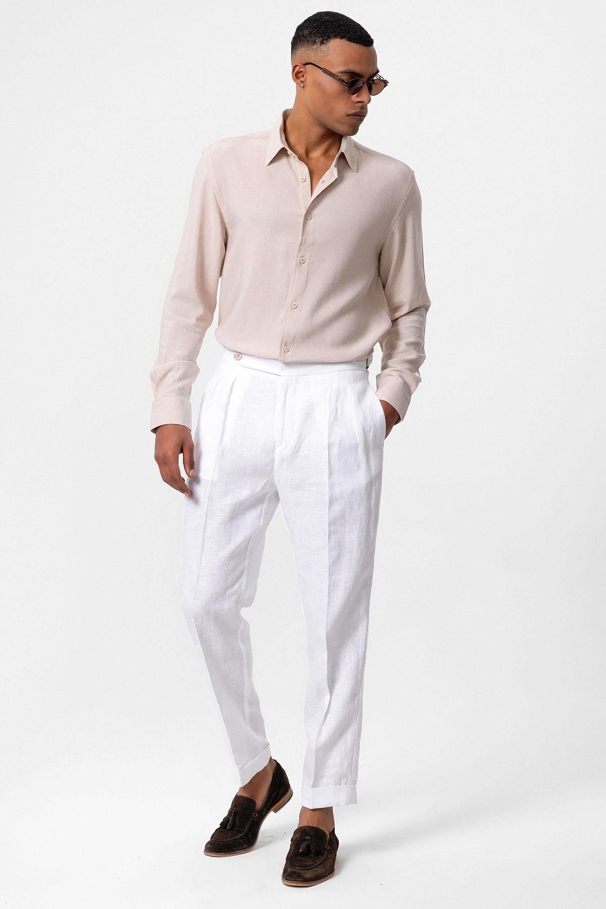 Men's Beige Long-Sleeve Linen Shirt