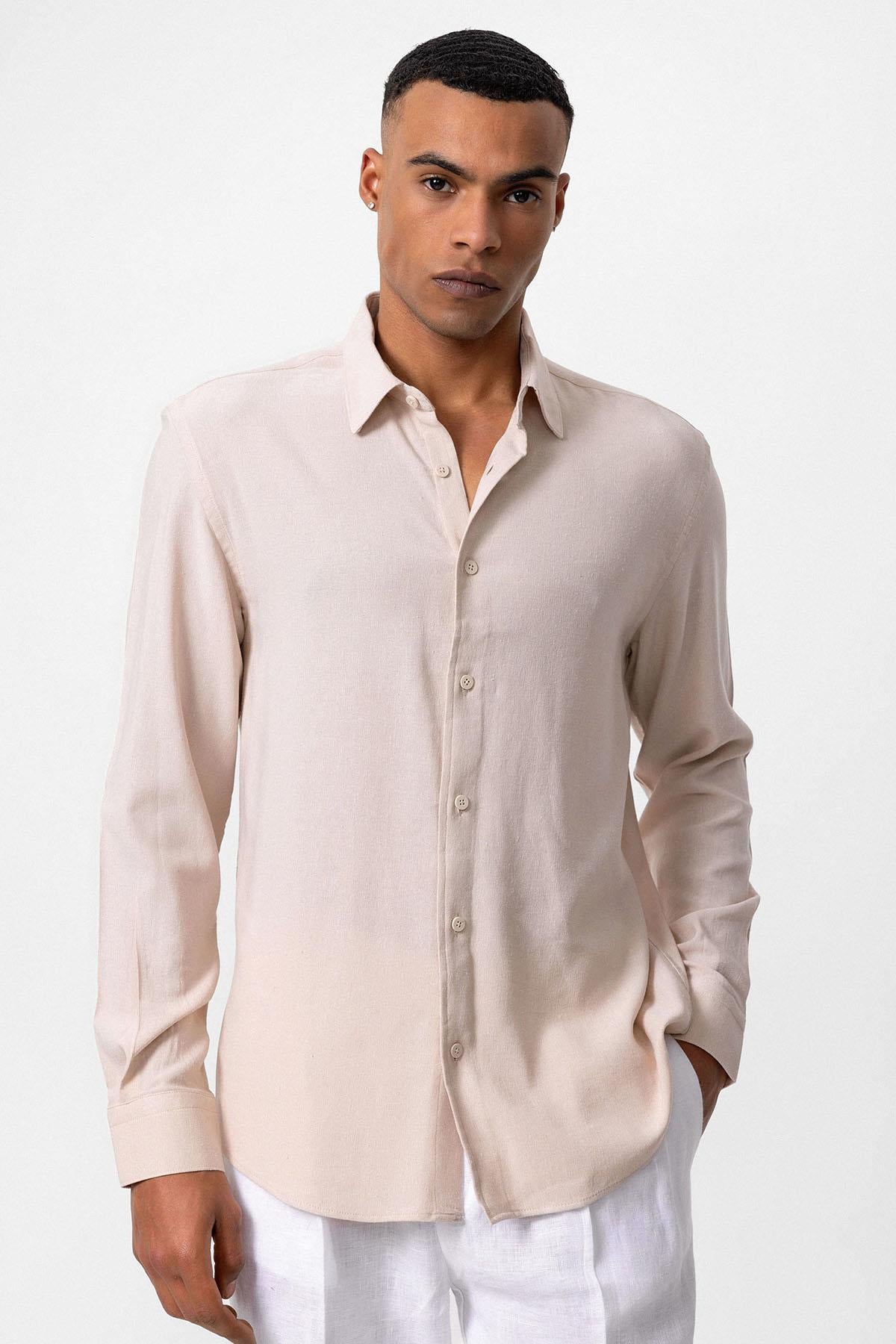 Men's Beige Long-Sleeve Linen Shirt