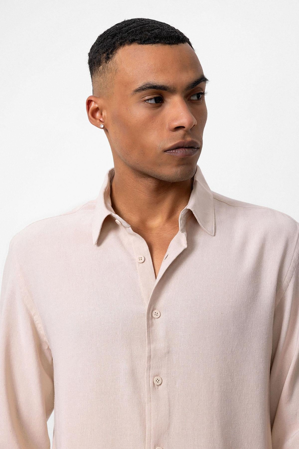 Men's Beige Long-Sleeve Linen Shirt