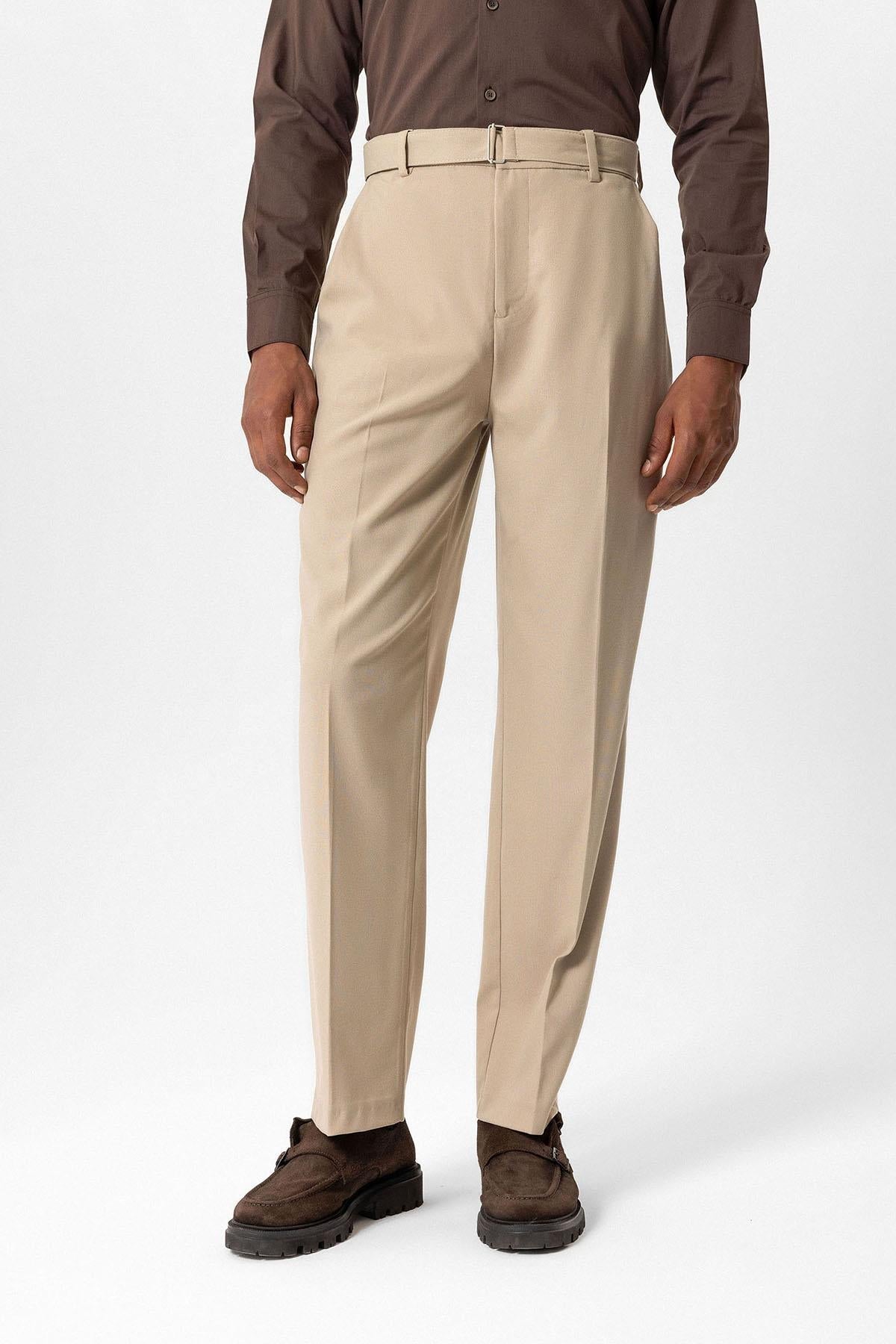 Beige High-Waisted Belted Men's Trousers