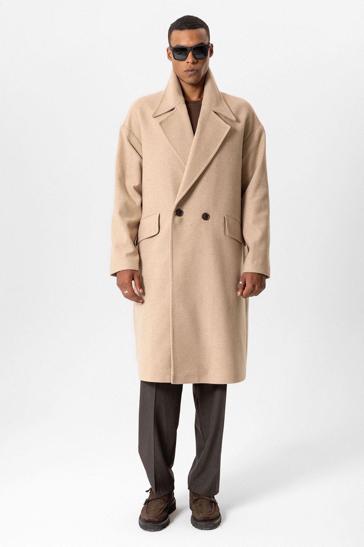 Beige Wool-Blend Double-Breasted Men's Coats