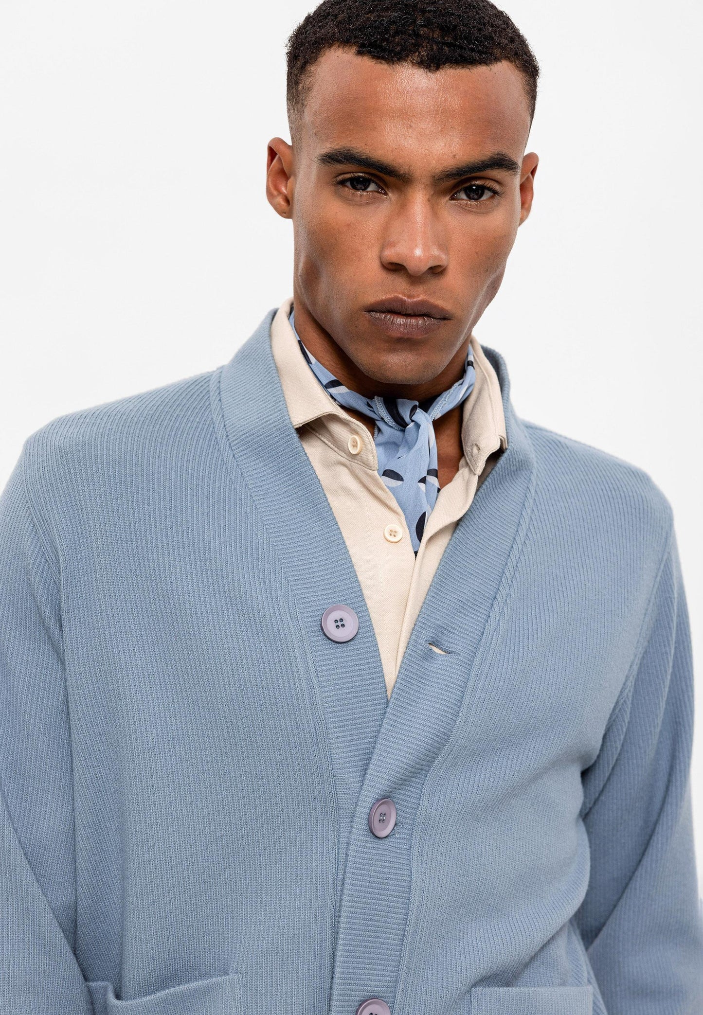 Men's Baby Blue V-Neck Cardigan with Waist Elastic