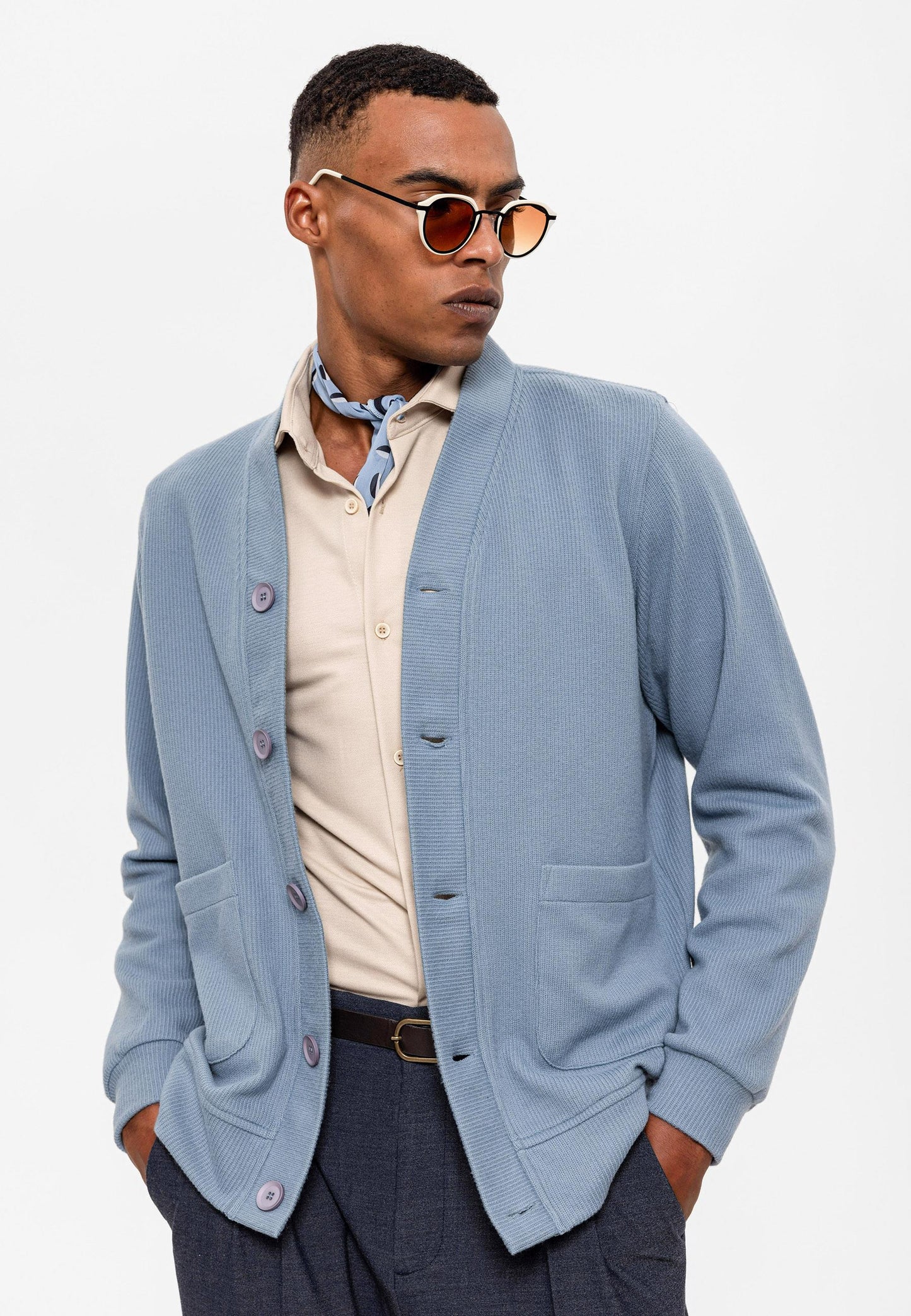 Men's Baby Blue V-Neck Cardigan with Waist Elastic