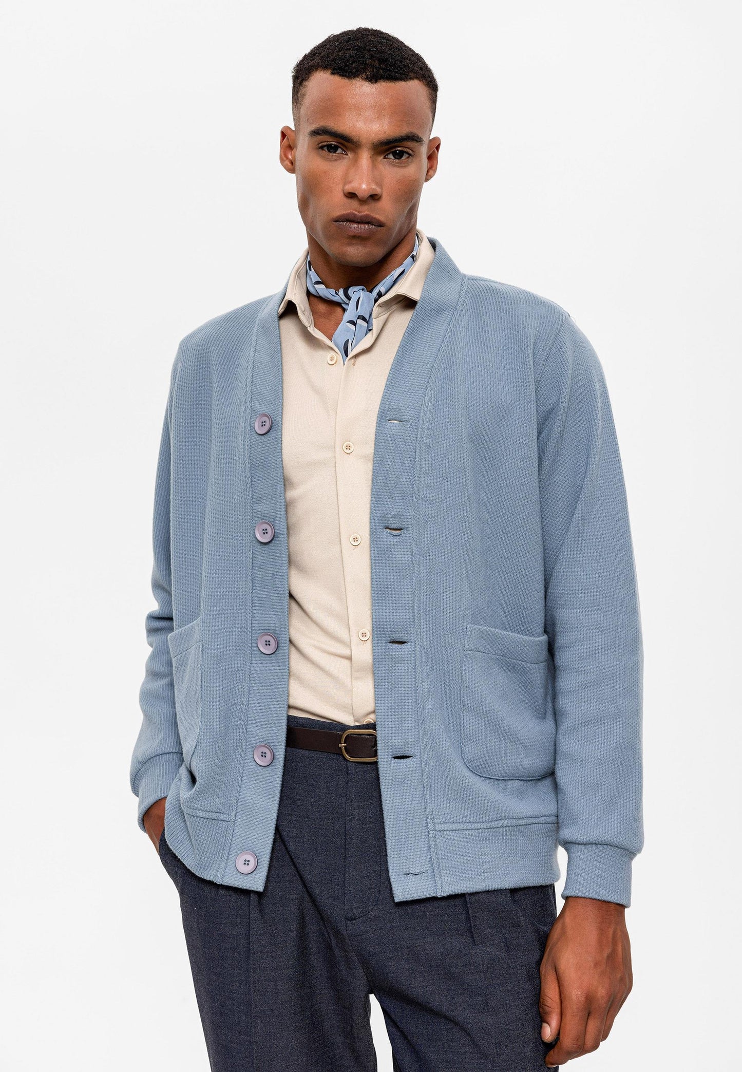 Men's Baby Blue V-Neck Cardigan with Waist Elastic - Wessi