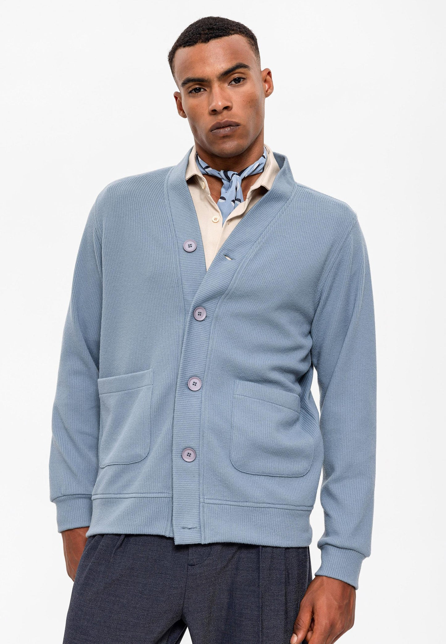 Men's Baby Blue V-Neck Cardigan with Waist Elastic - Wessi