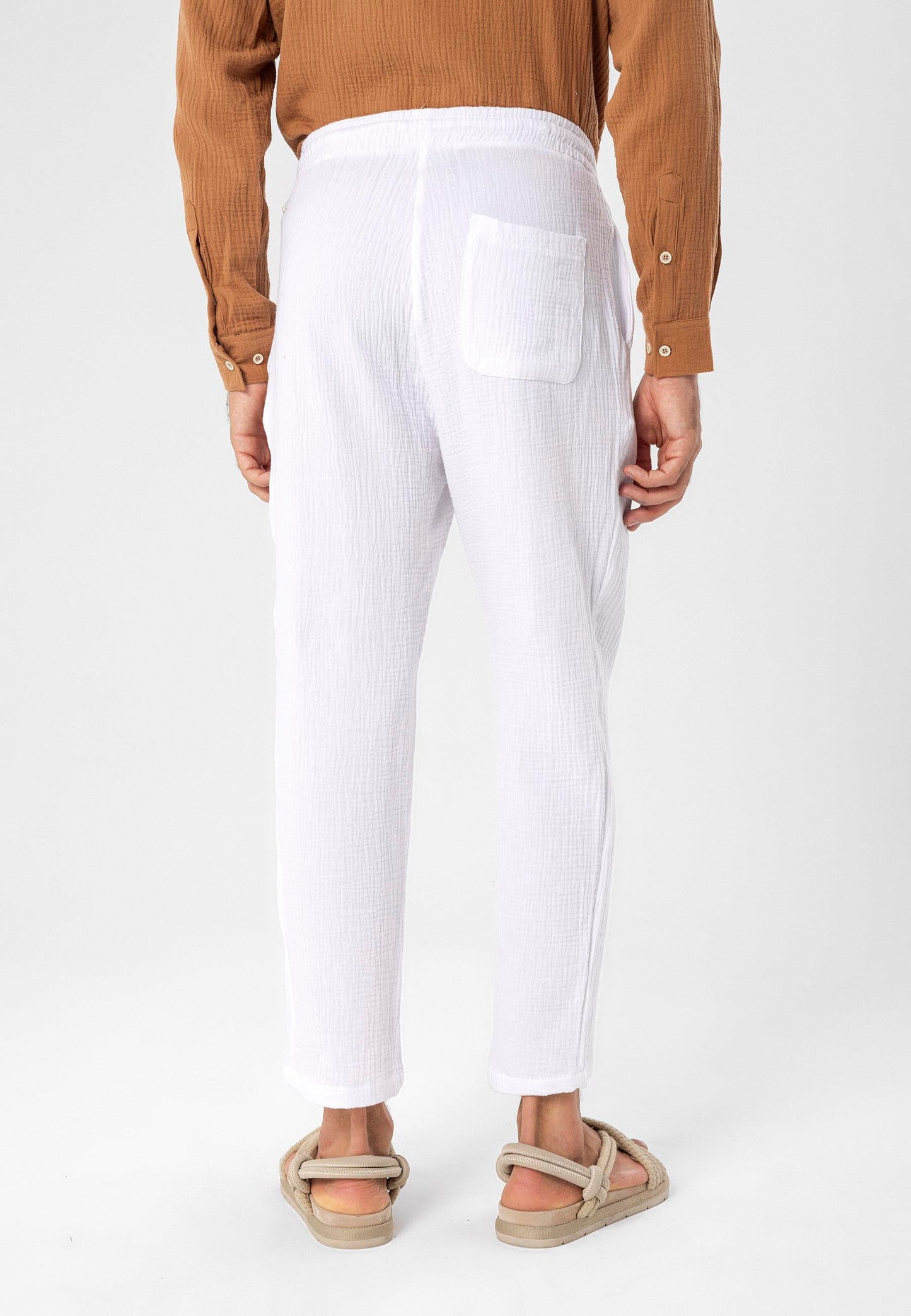 Men's White High Waist Muslin Fabric Trousers with Drawstring Waist