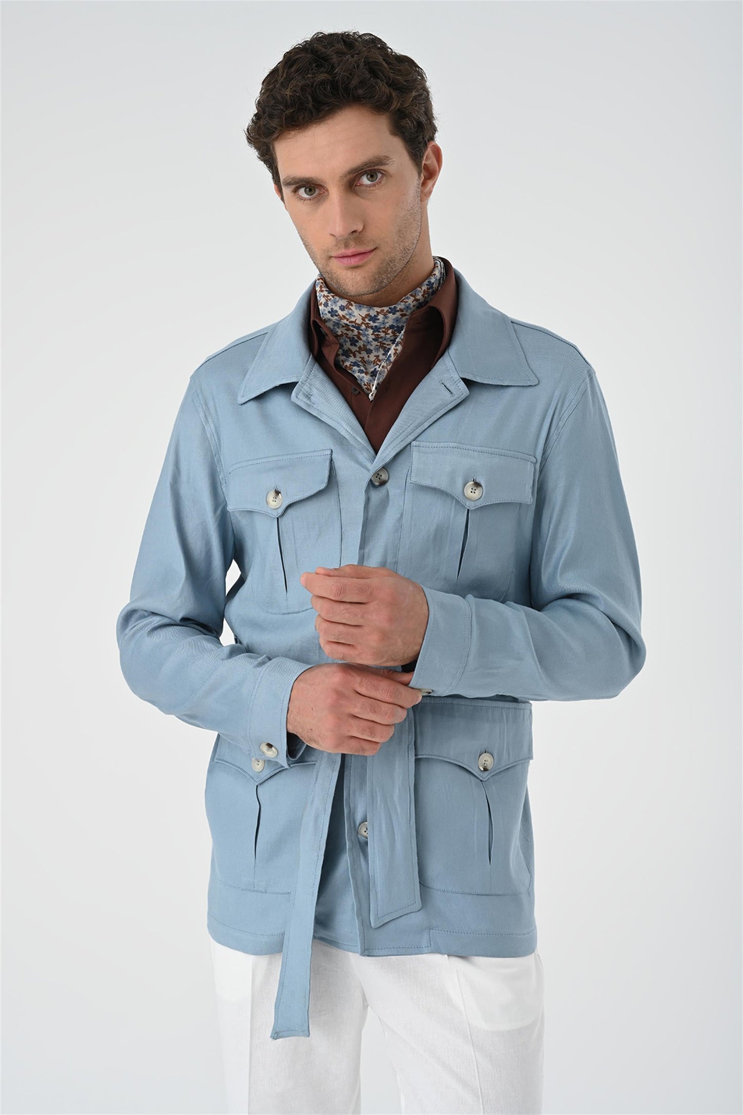 Men's Blue Waist Belted Seasonal Linen Coat