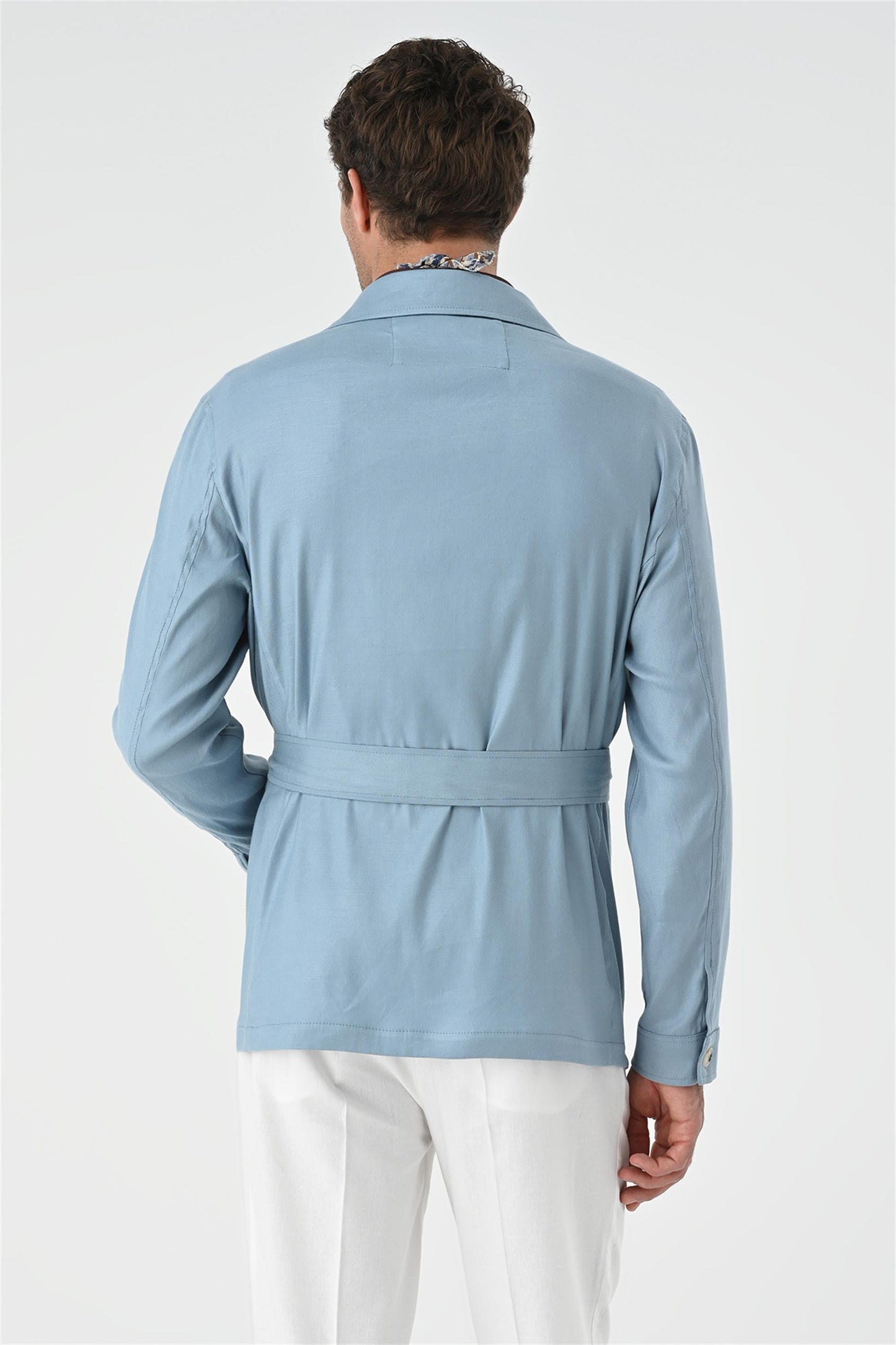Men's Blue Waist Belted Seasonal Linen Coat