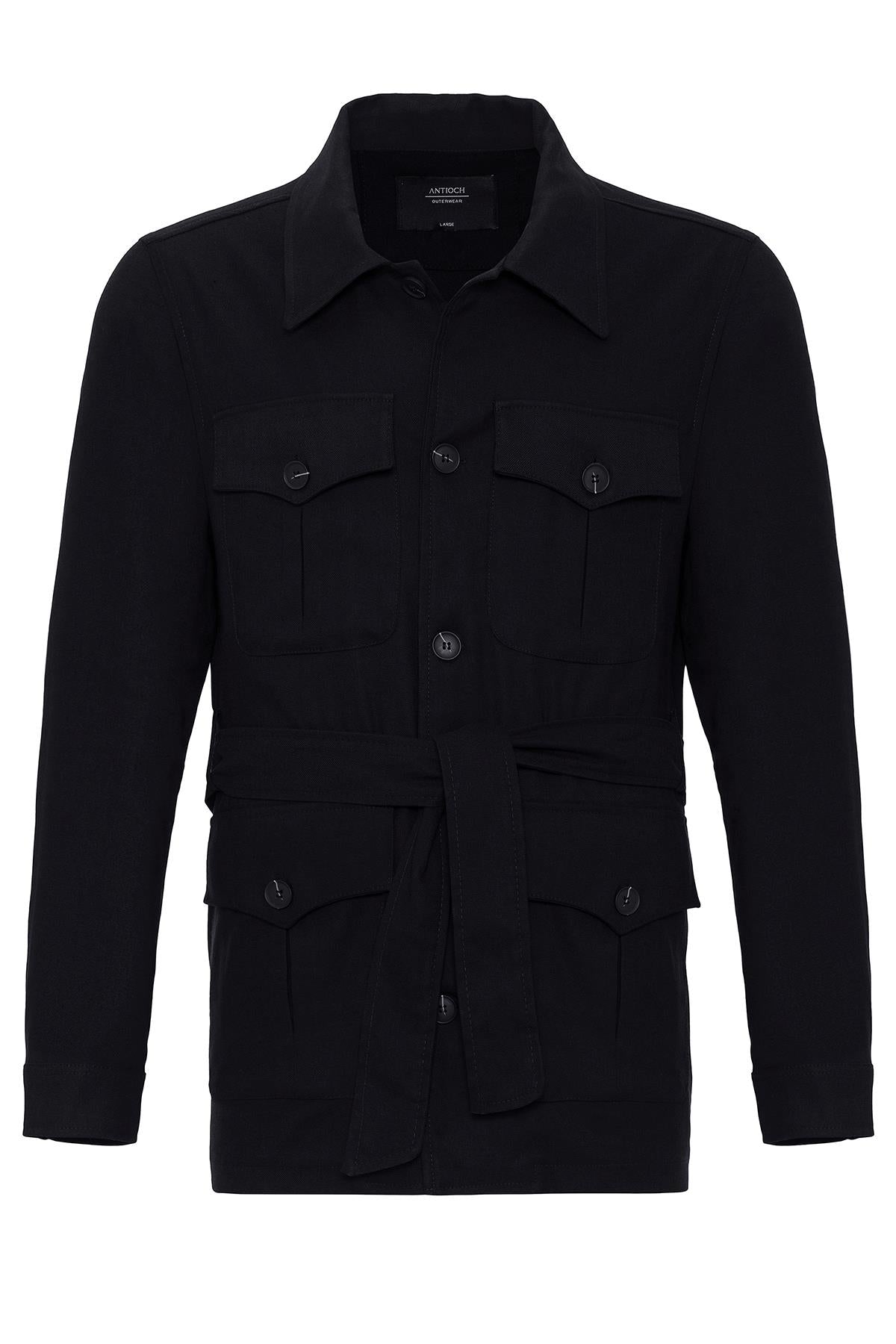 Men's Black Waist Belted Seasonal Linen Coat