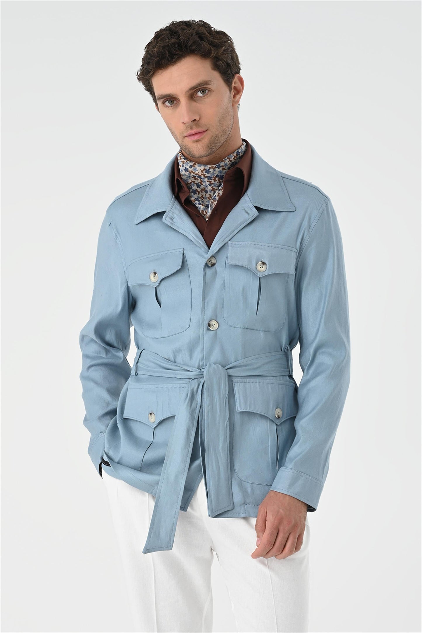 Men's Blue Waist Belted Seasonal Linen Coat