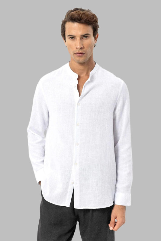 Men's White Mandarin Collar Woven Shirt