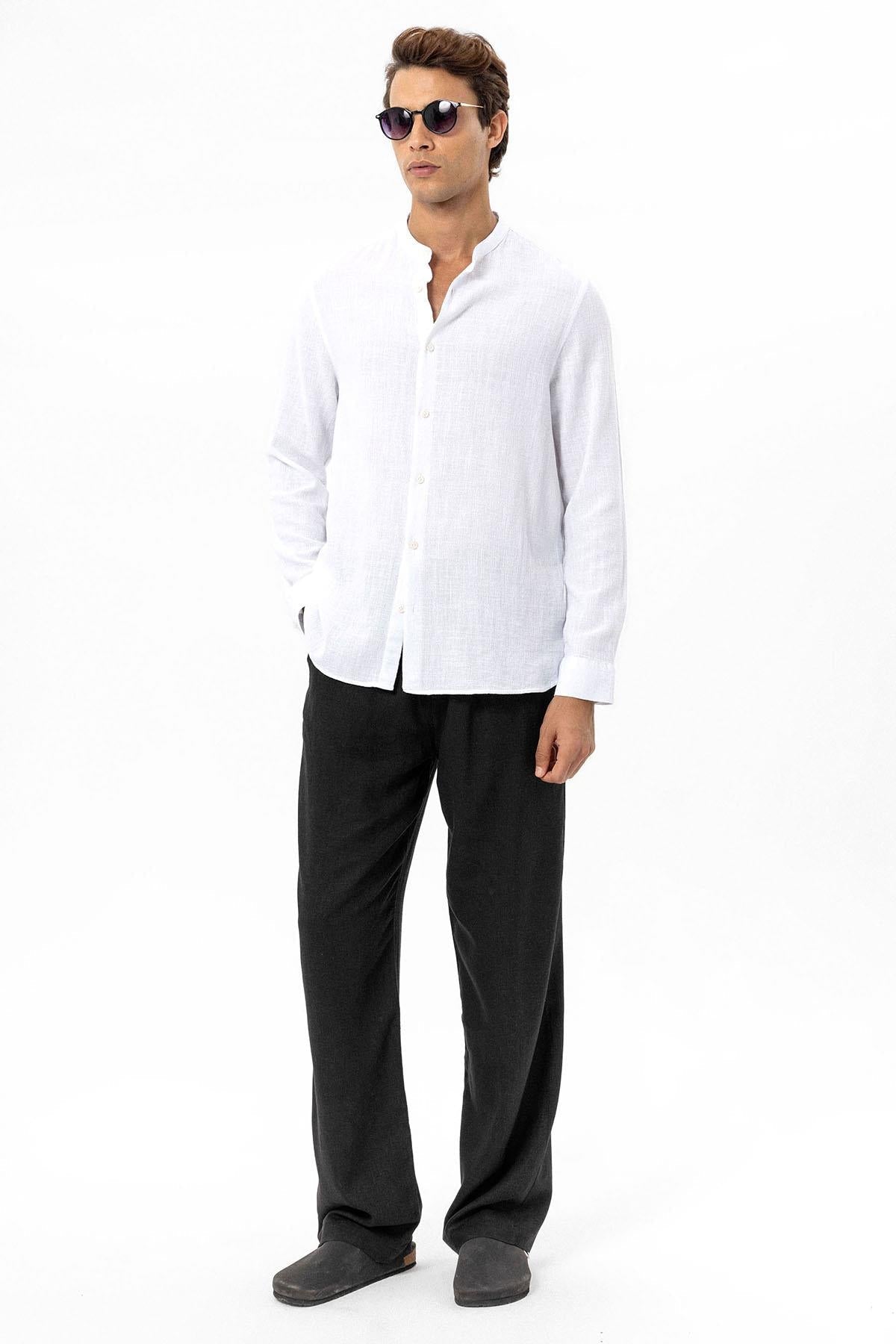 Men's White Mandarin Collar Woven Shirt