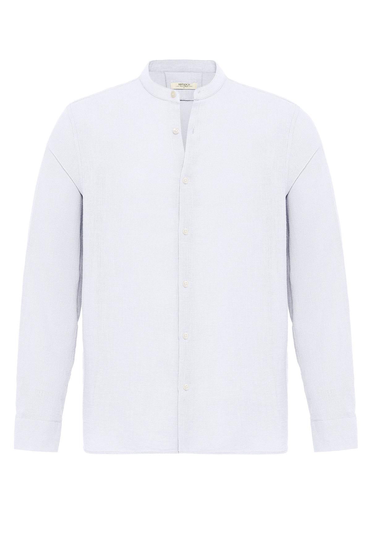 Men's White Mandarin Collar Woven Shirt