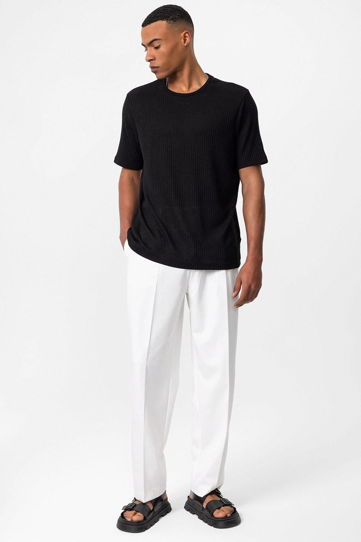Men's Black Crew Neck Ribbed T-Shirt