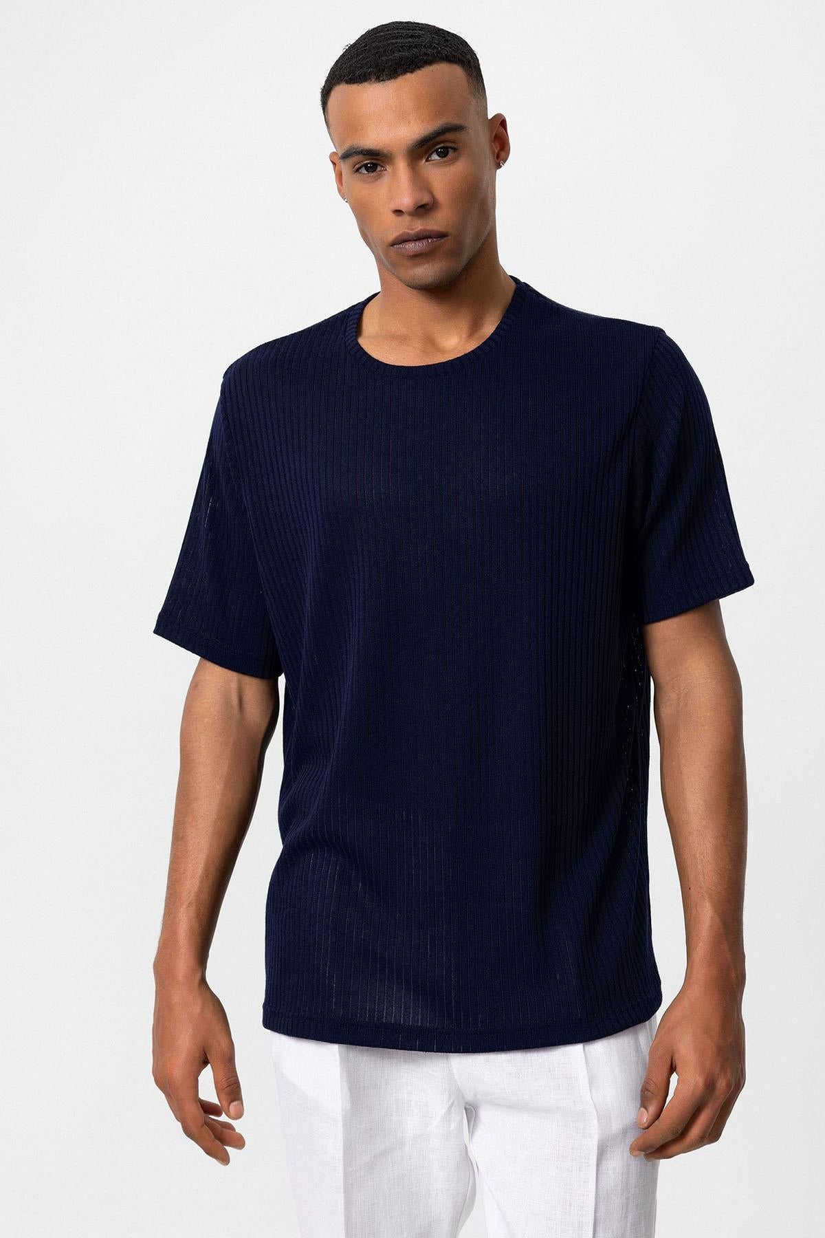 KOALA SYDNEY Men's Navy Blue Crew Neck Ribbed T-Shirt