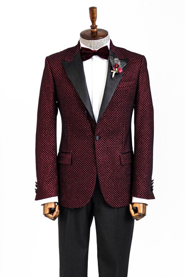 KOALA SYDNEY Black Patterned Over Burgundy Men Singer Tuxedo Blazer -
