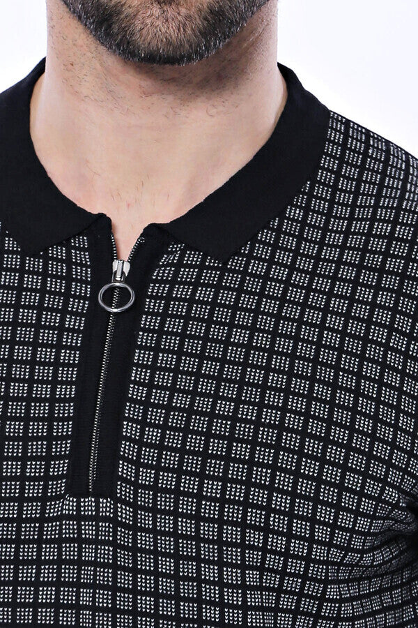 Black Plaid Zippered Polo Knitted T-Shirt