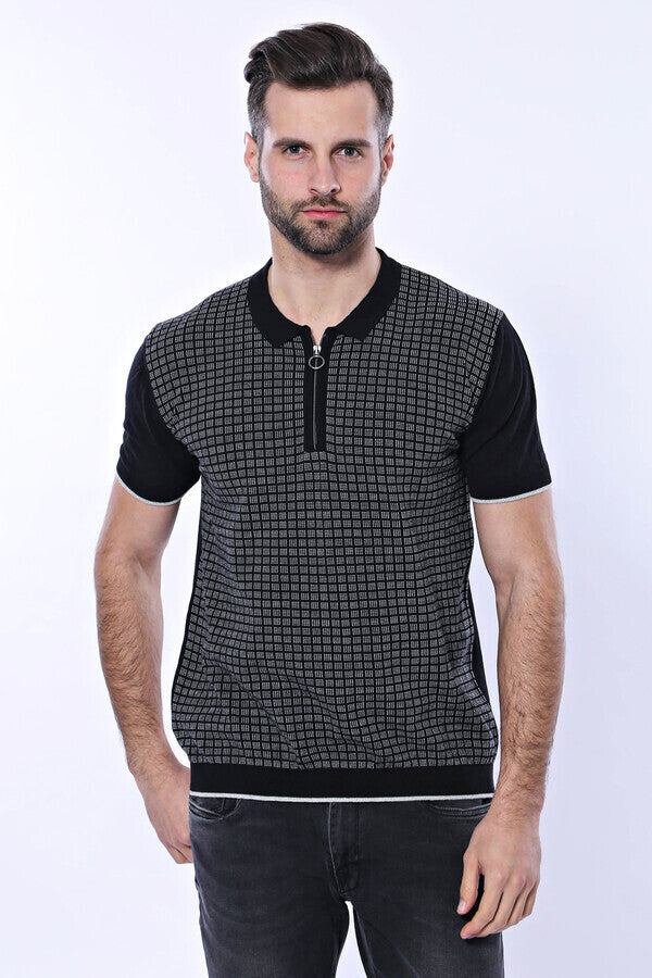Black Plaid Zippered Polo Knitted T-Shirt