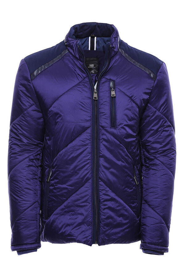 Navy Blue Quilted Jacket, Navy Trousers, White Shirt, and Knit Cardigan Ensemble - Modern Winter Style