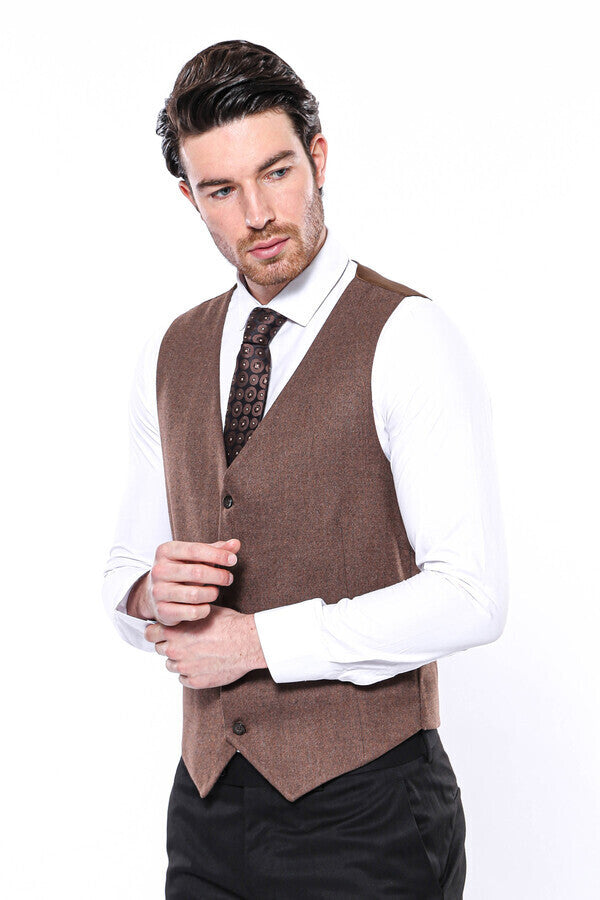 V Neck Brown Men Vest