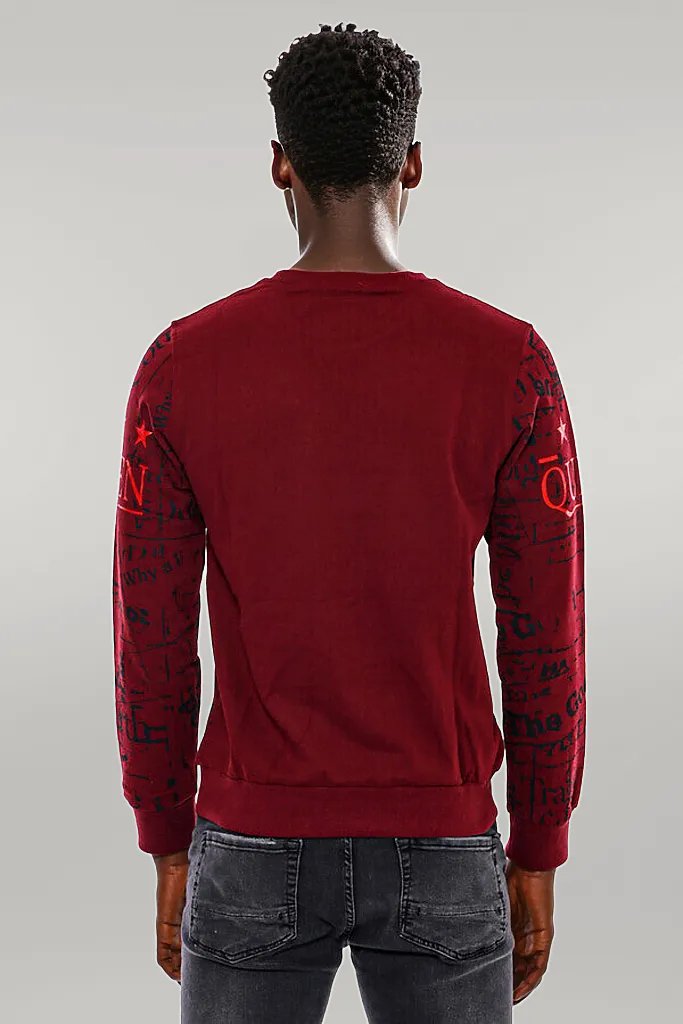 Burgundy Patterned Slim Fit Men Sweatshirt - Wessi