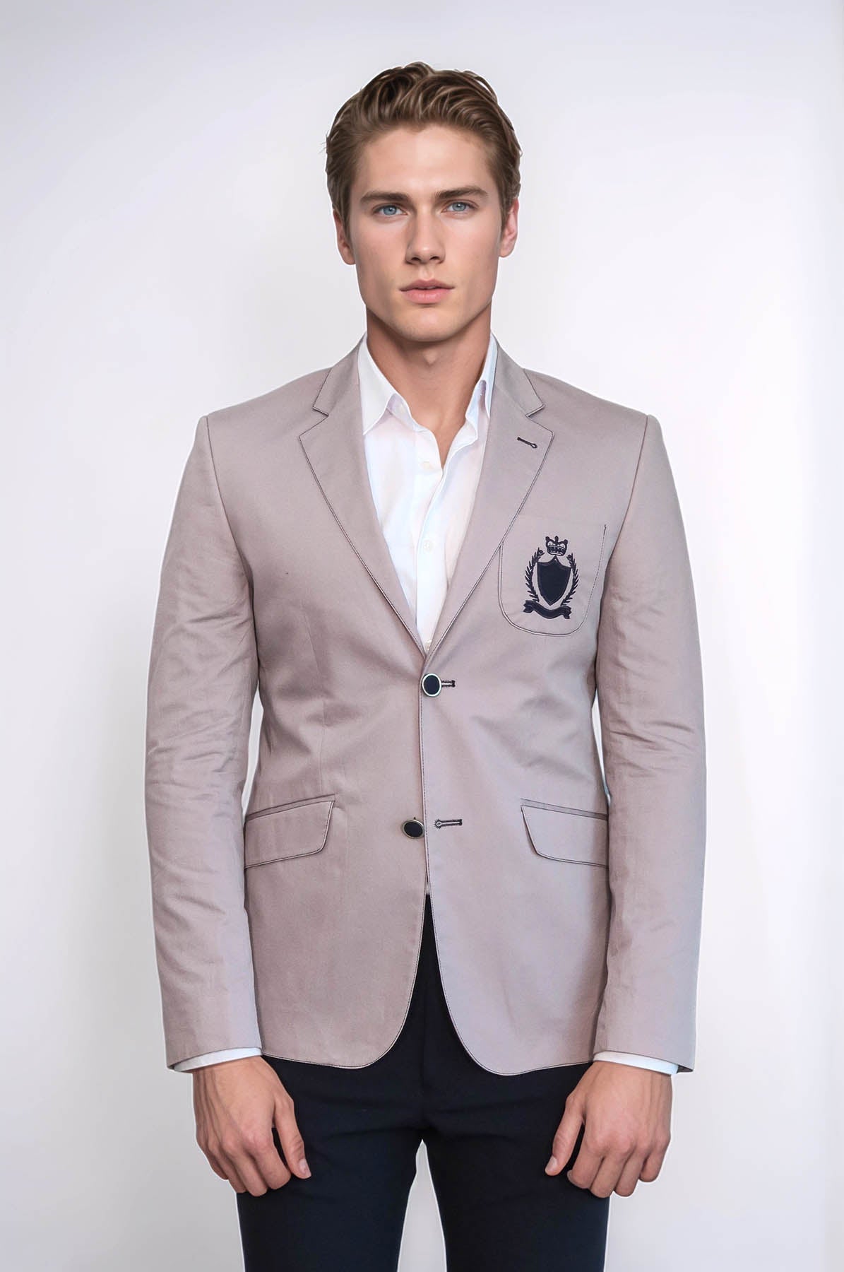 2 Buttons 3 Pockets Crested Cotton Light Pink Jacket