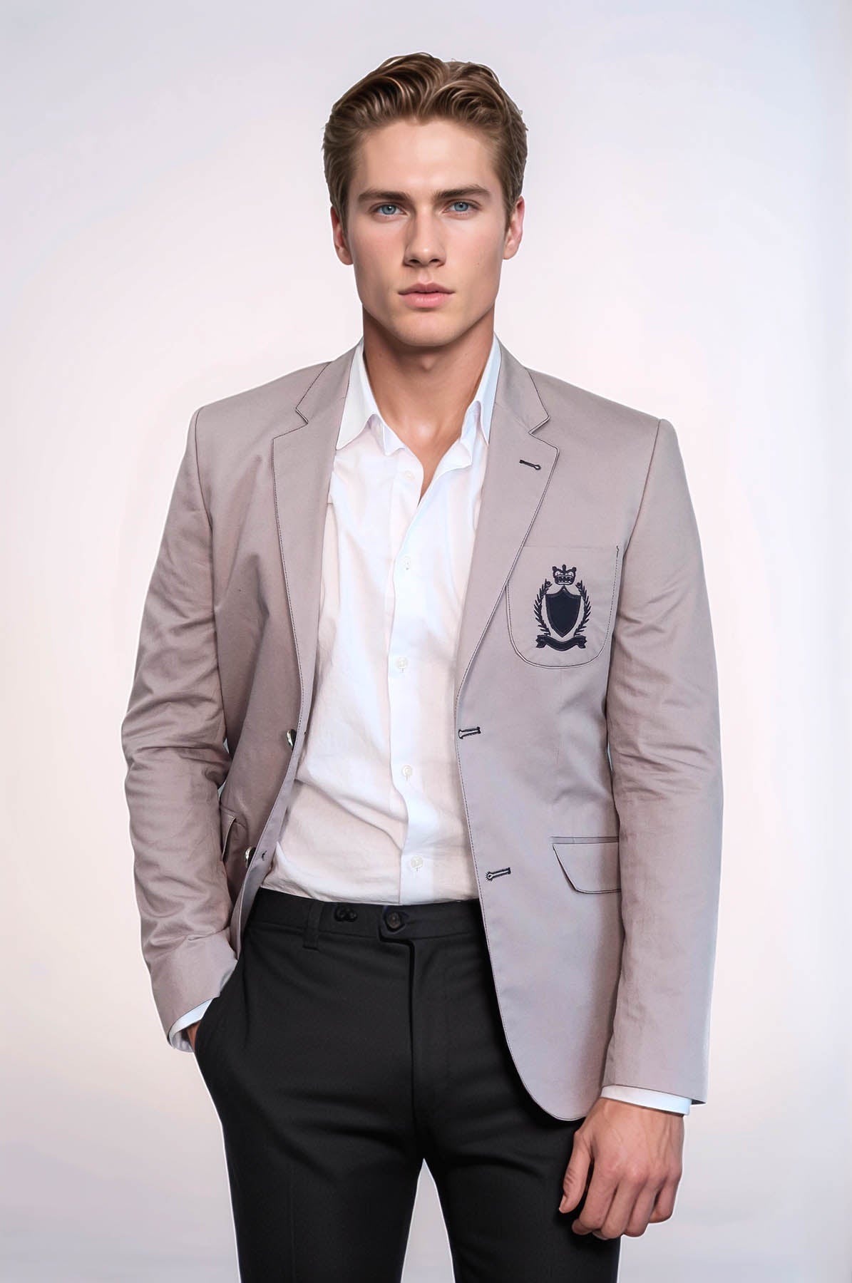 2 Buttons 3 Pockets Crested Cotton Light Pink Jacket