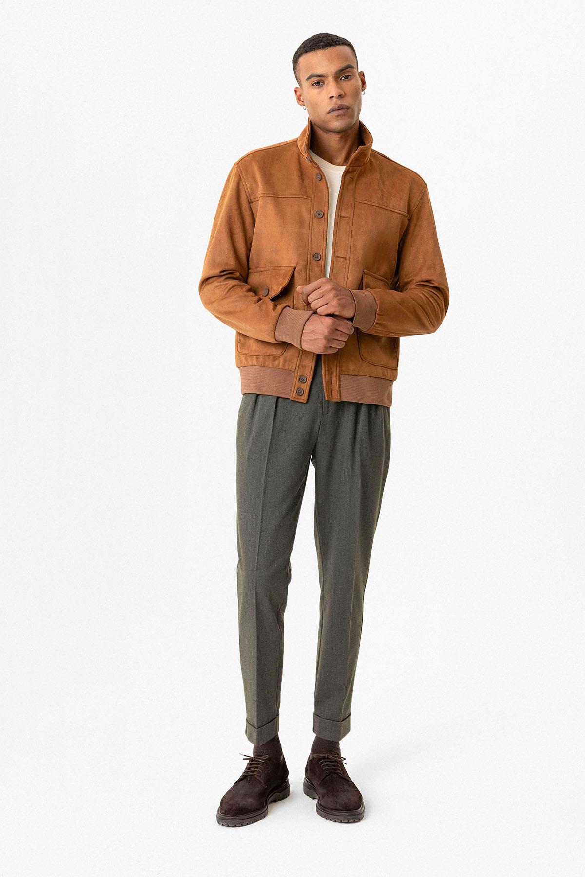 Camel Elastic Waist Stand Collar Suede Men's Jacket
