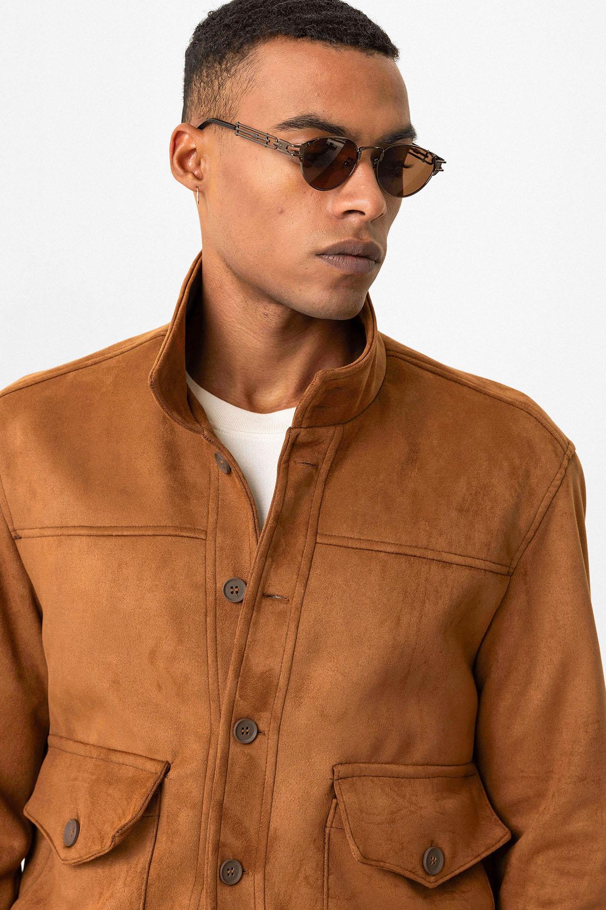 Camel Elastic Waist Stand Collar Suede Men's Jacket