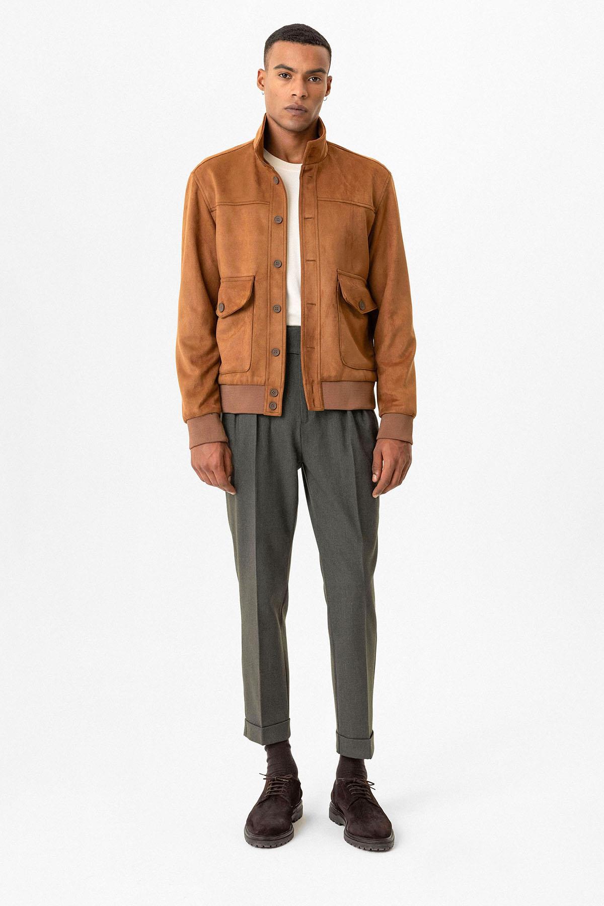Camel Elastic Waist Stand Collar Suede Men's Jacket