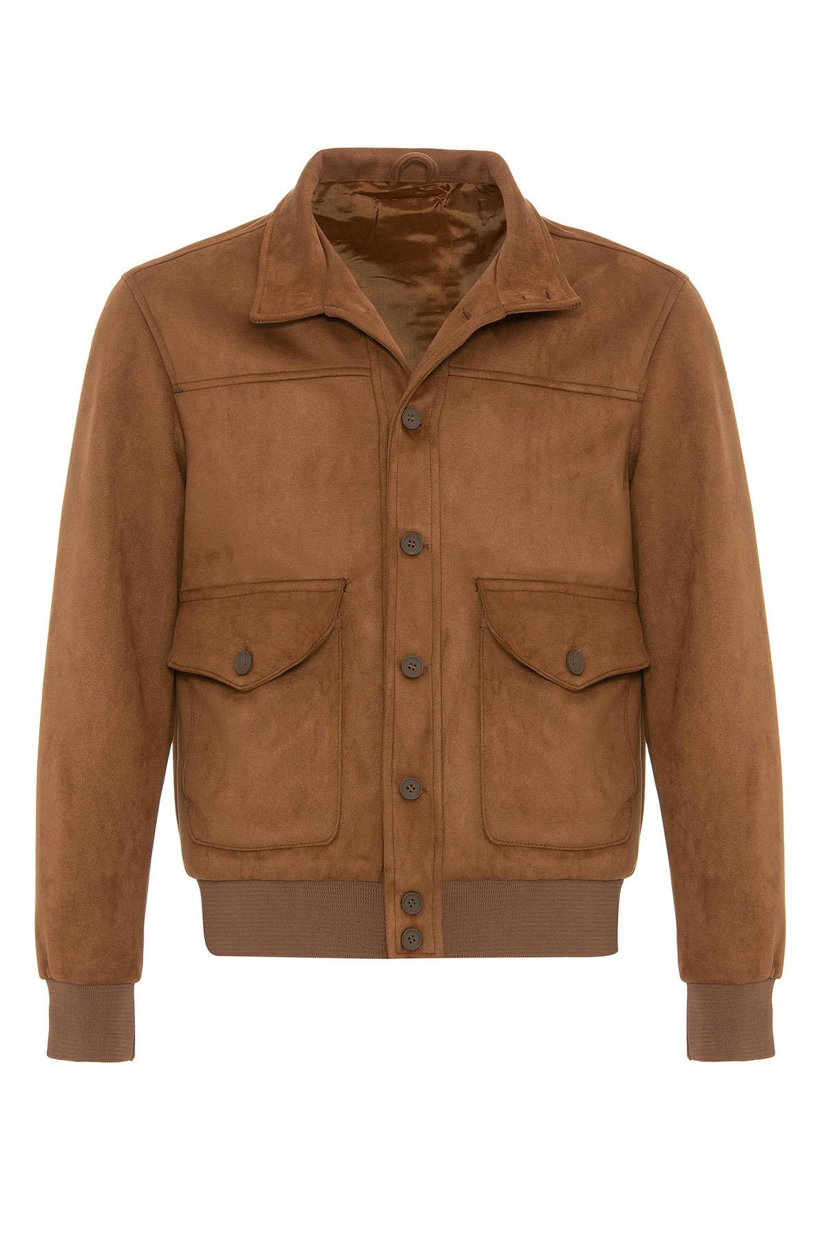 Camel Elastic Waist Stand Collar Suede Men's Jacket