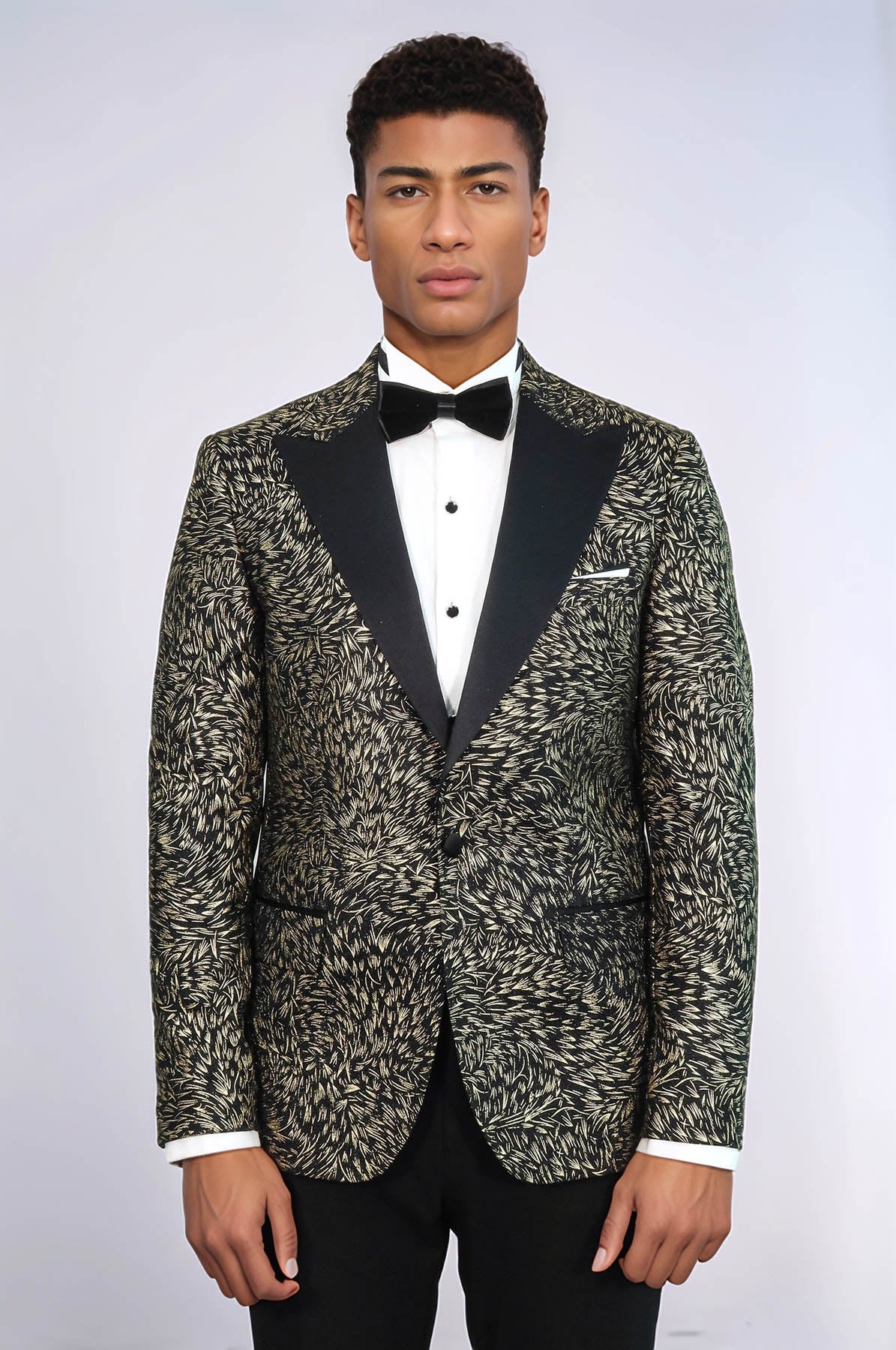Feather Patterned Slim Fit Black Men Prom Blazer and Trousers Combination Suit