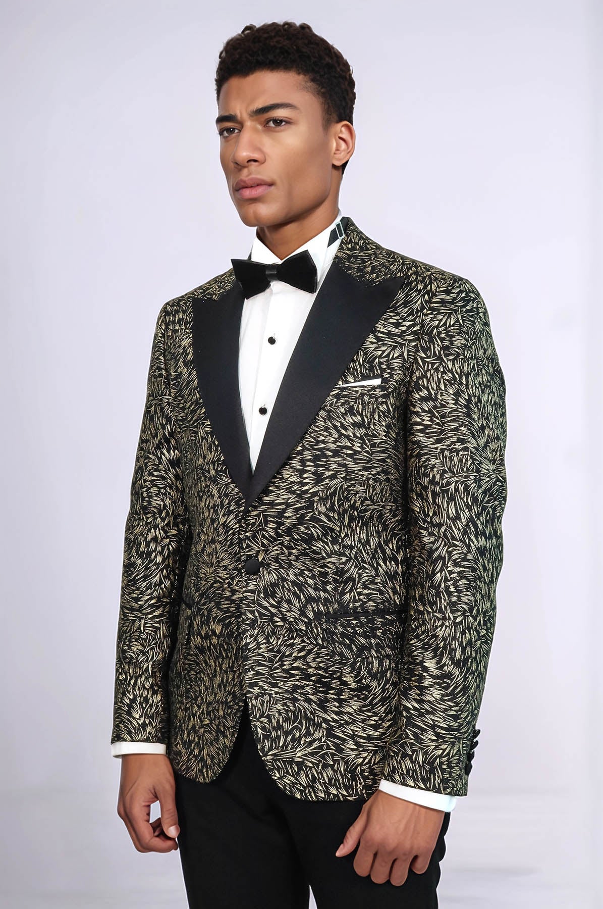 Feather Patterned Slim Fit Black Men Prom Blazer and Trousers Combination Suit