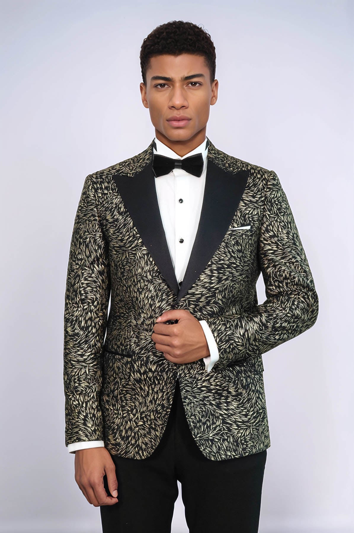 Feather Patterned Slim Fit Black Men Prom Blazer and Trousers Combination Suit