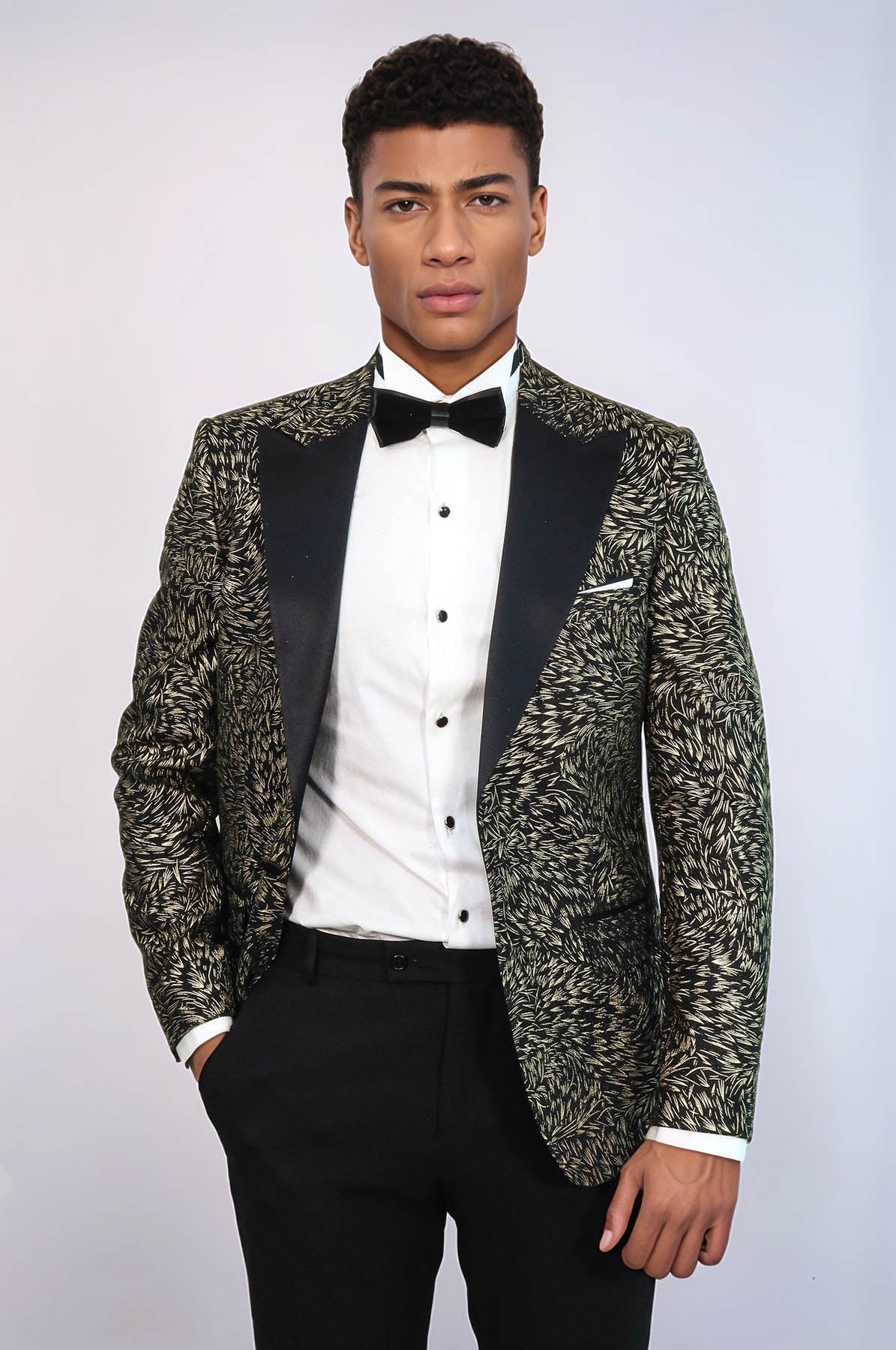 Feather Patterned Slim Fit Black Men Prom Blazer and Trousers Combination Suit