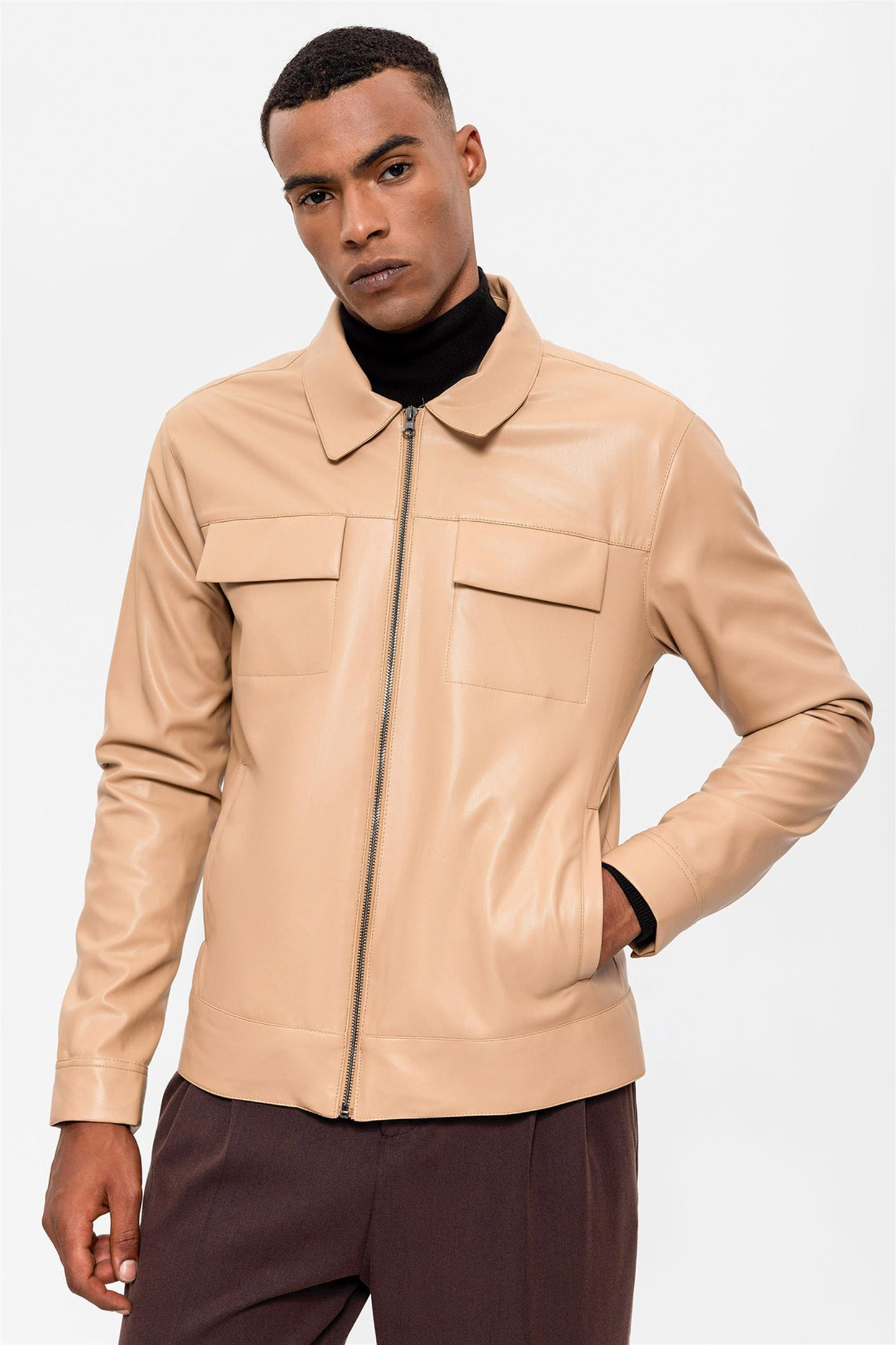 Men's Beige Leather Jacket with Pocket Detail