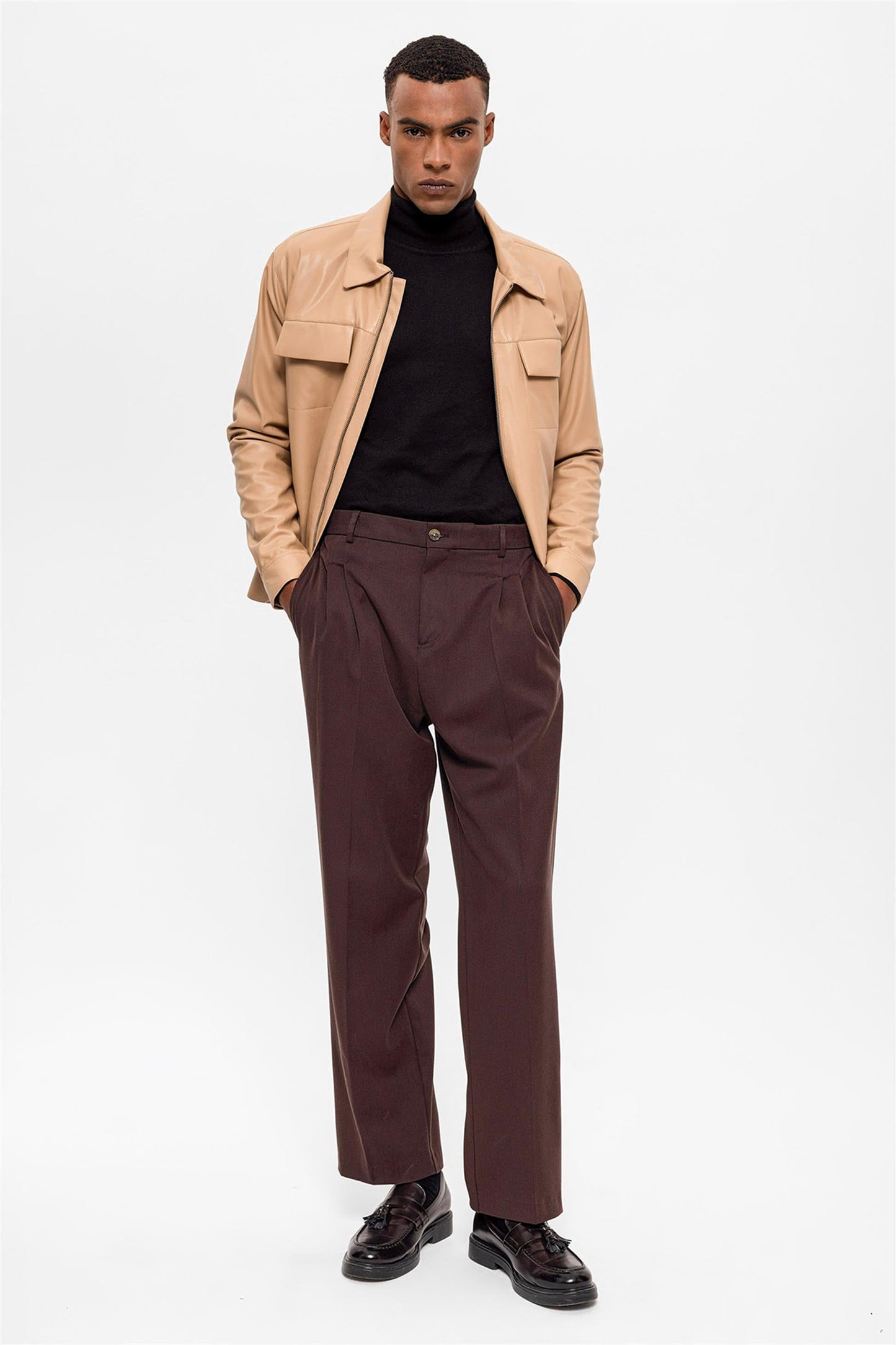 Men's Beige Leather Jacket with Pocket Detail
