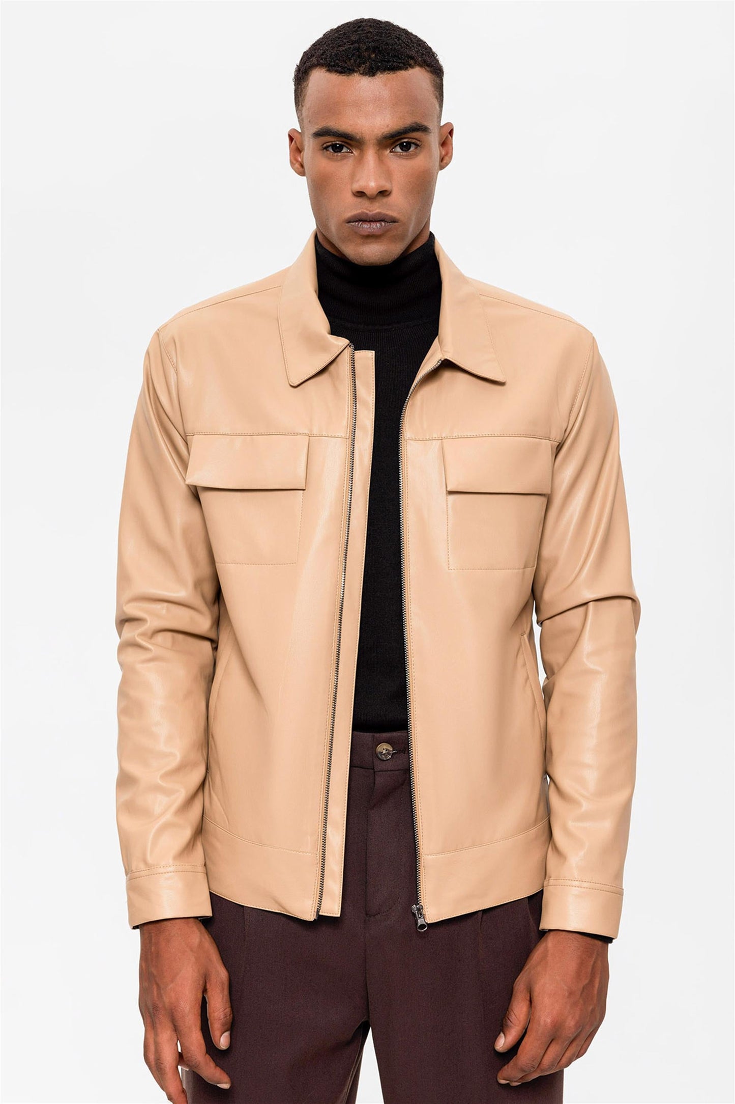 Men's Beige Leather Jacket with Pocket Detail