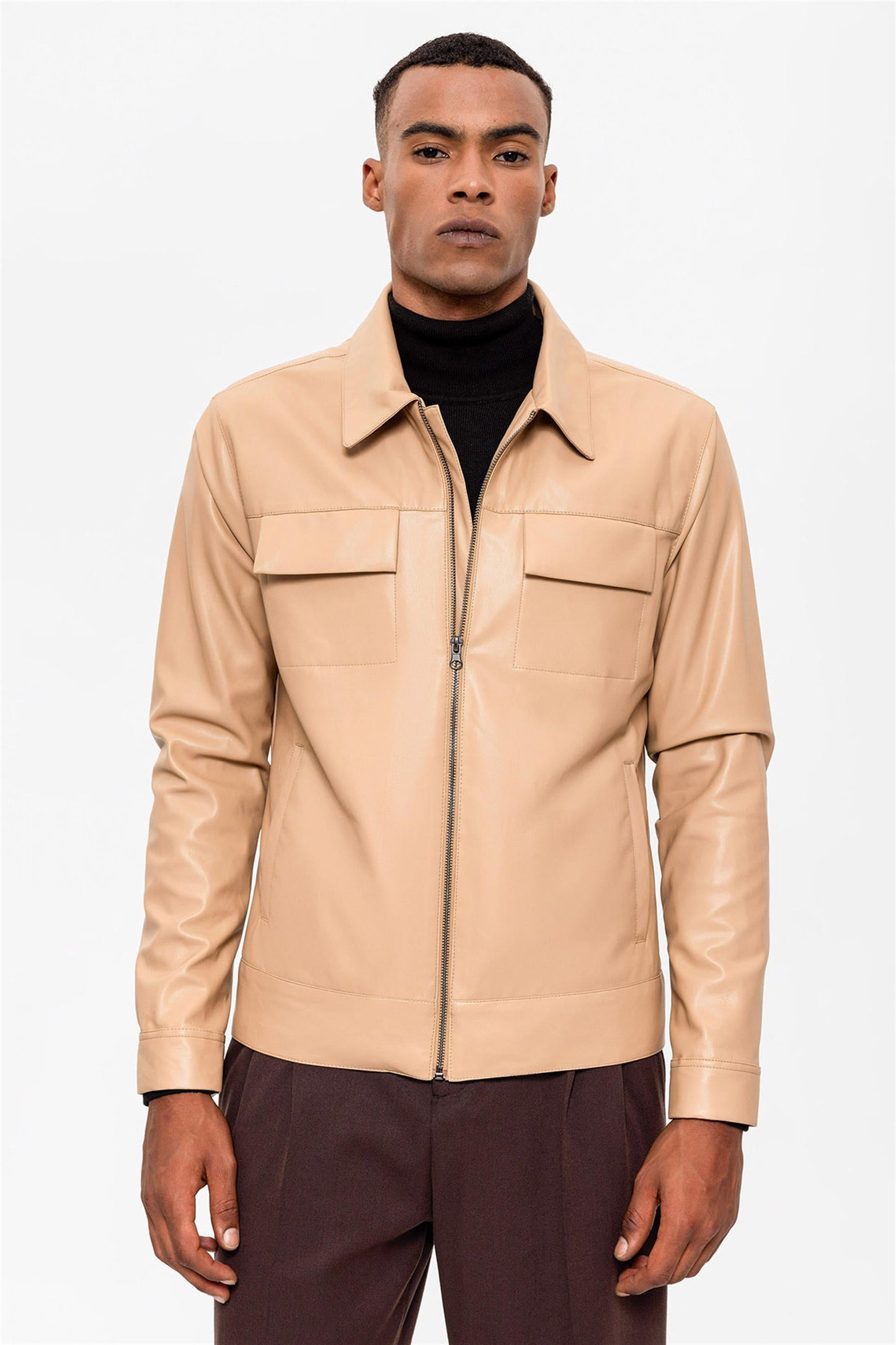 Men's Beige Leather Jacket with Pocket Detail