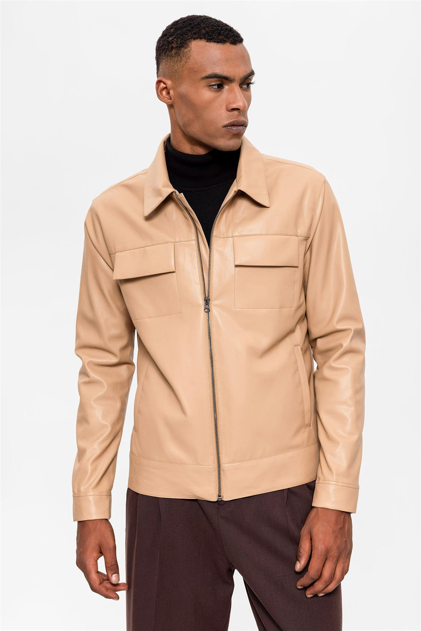 Men's Beige Leather Jacket with Pocket Detail